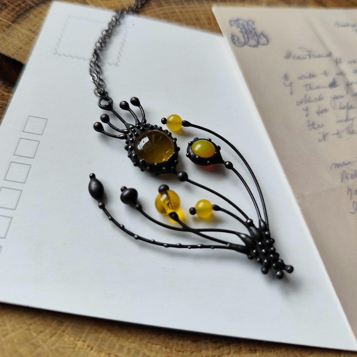 Yellow Glass Poppy Pendant Necklace – Blackened Copper