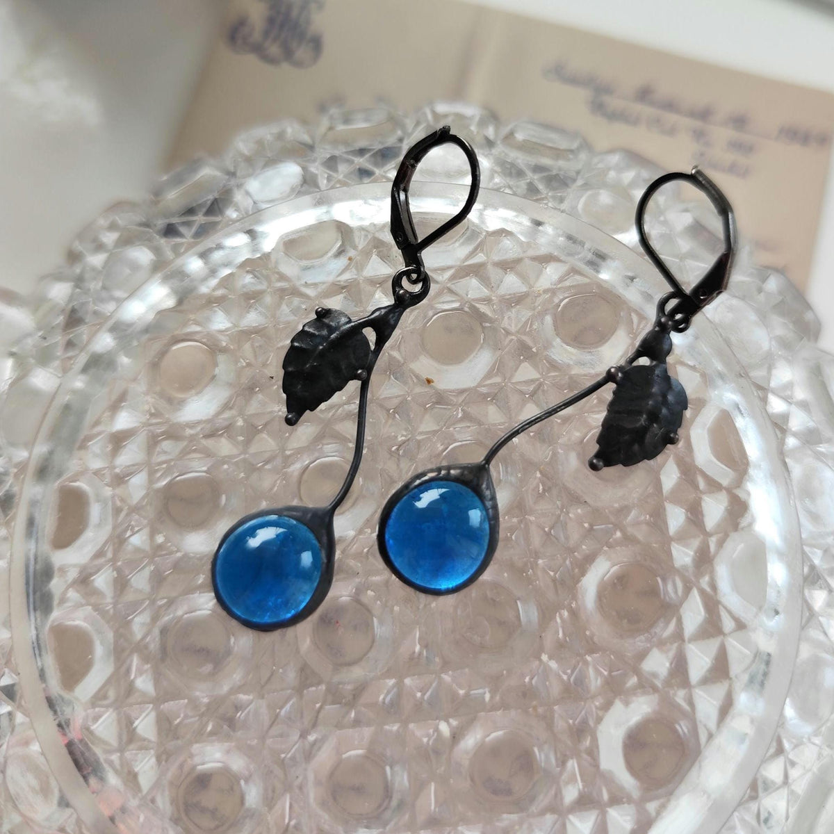 Blue Glass Cherry Earrings – Blackened Copper
