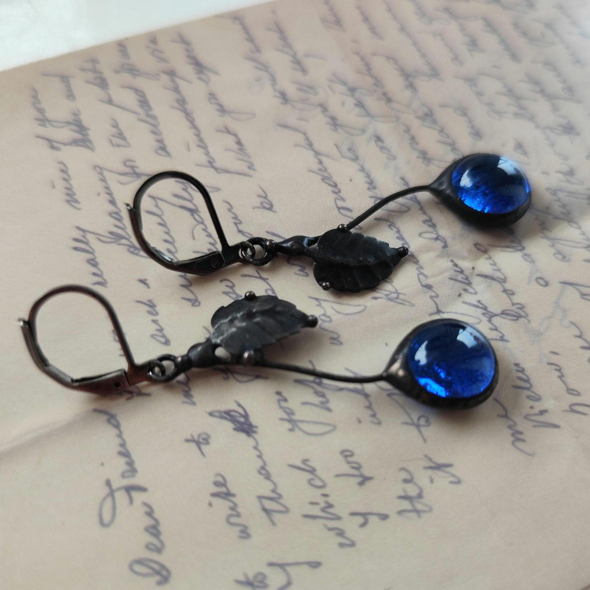 Blue Glass Cherry Earrings – Blackened Copper