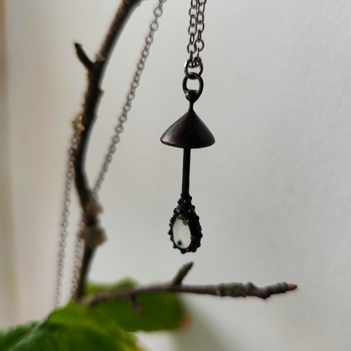 Clear Glass Mushroom Necklace – Blackened Copper & Pewter Forest