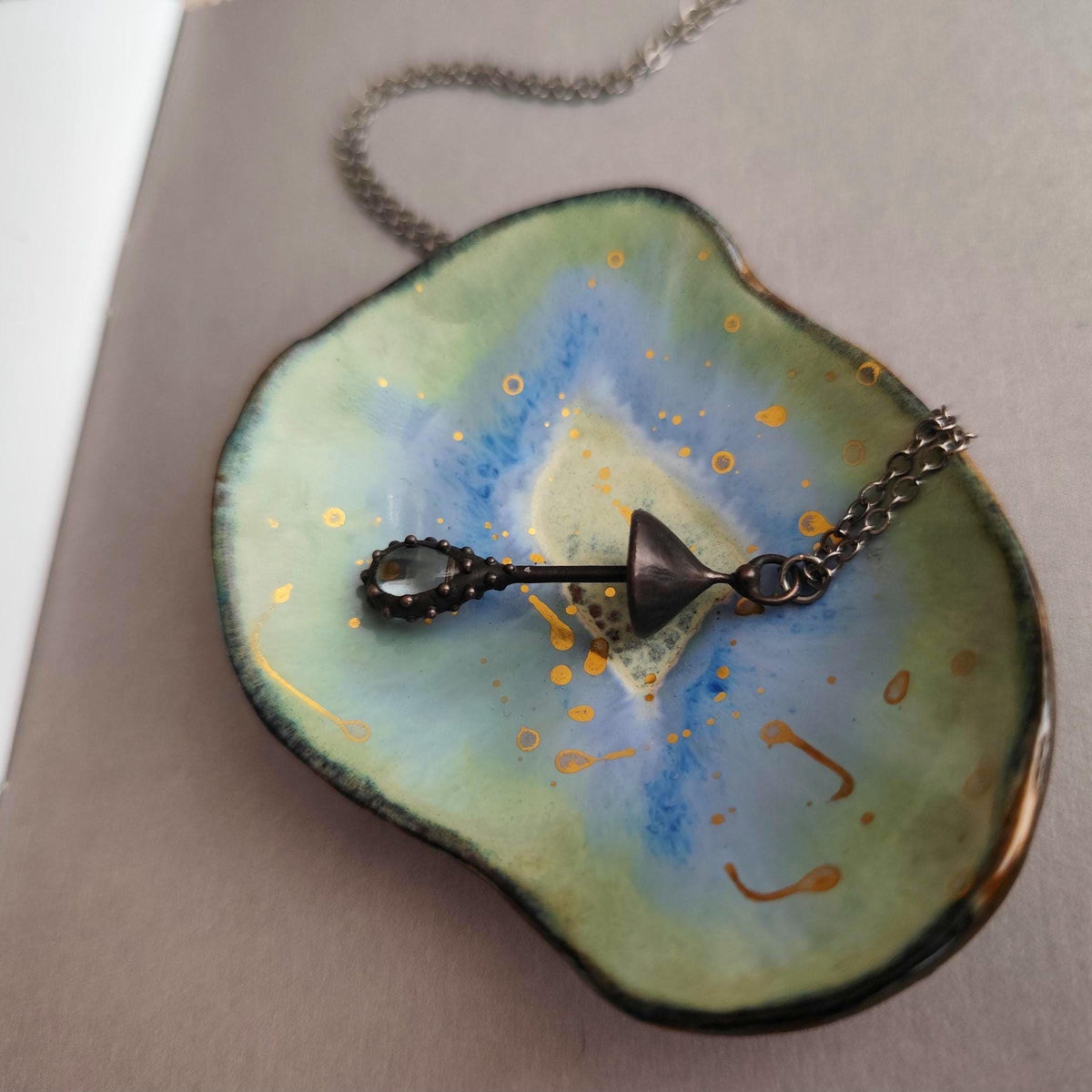 Clear Glass Mushroom Necklace – Blackened Copper & Pewter Forest