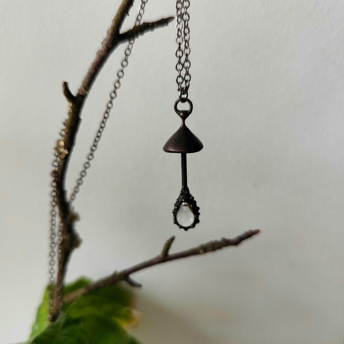 Clear Glass Mushroom Necklace – Blackened Copper & Pewter Forest