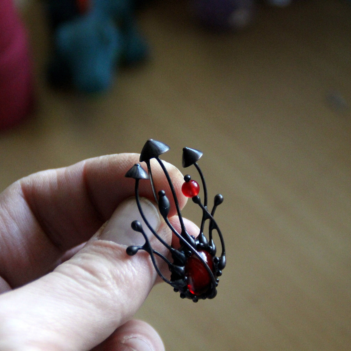 Red Stained Glass Mushroom Brooch – Blackened Copper