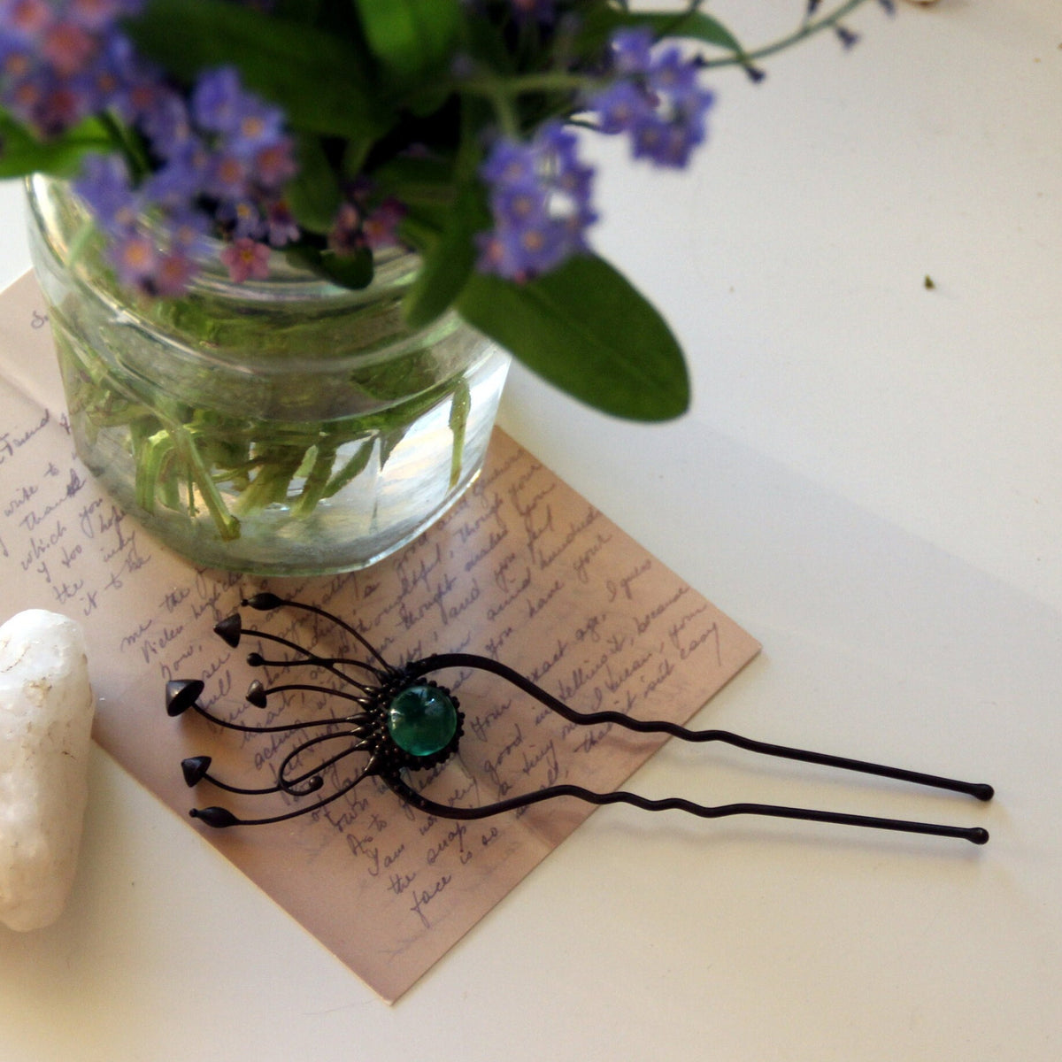 Green Glass Mushroom Hair Pin – Blackened Copper Forest Hair Fork – Witchy Botanical