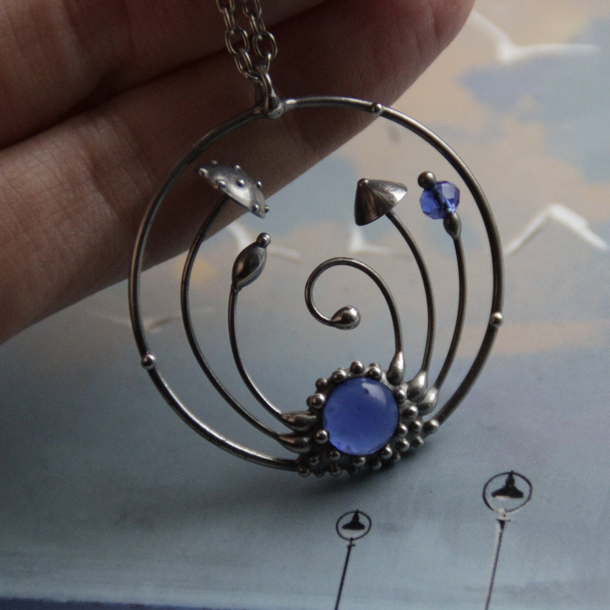 Blue Stained Glass Amanita Mushroom Circle Necklace – Silver Tone