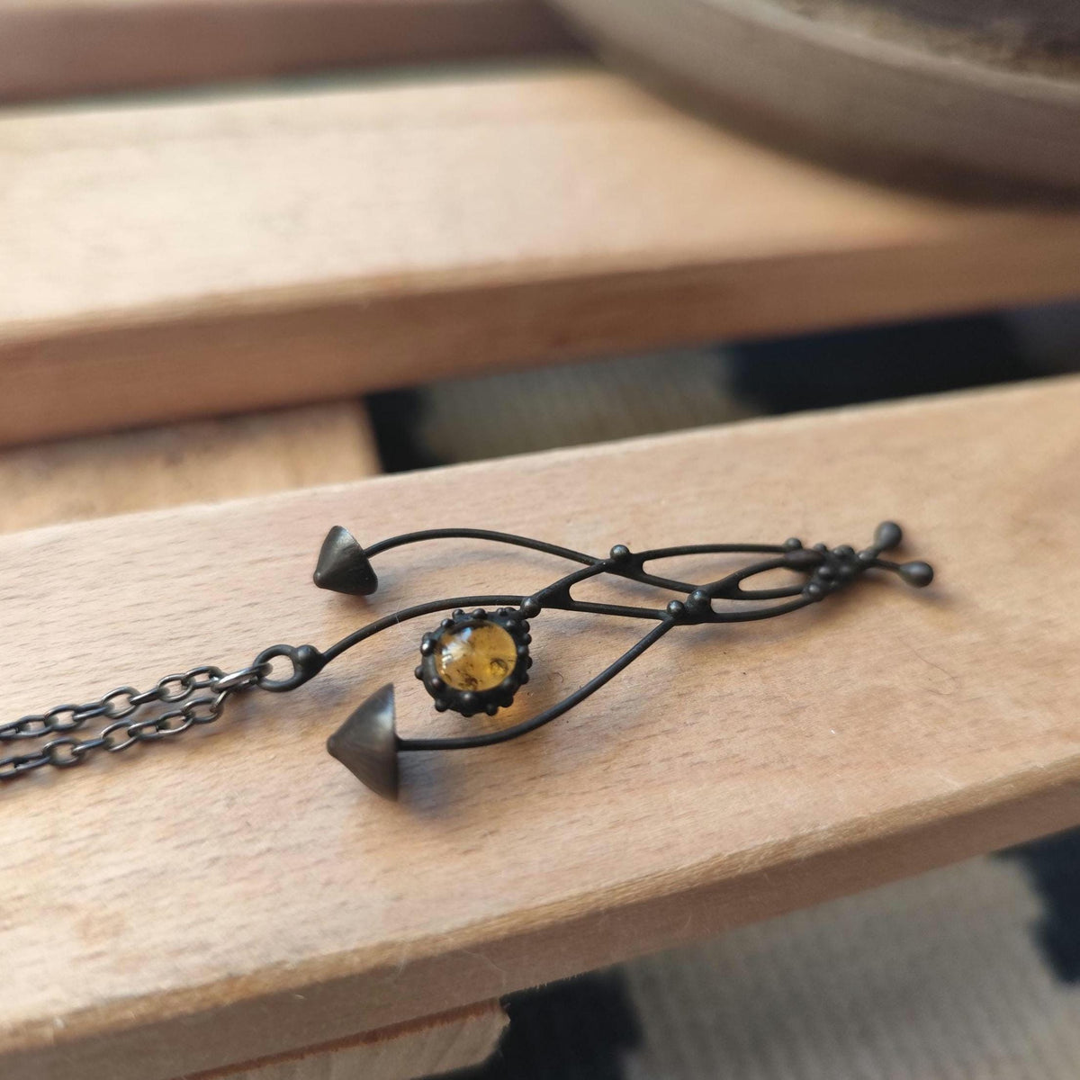 Yellow Glass Mushroom Necklace – Blackened Copper & Pewter Forest