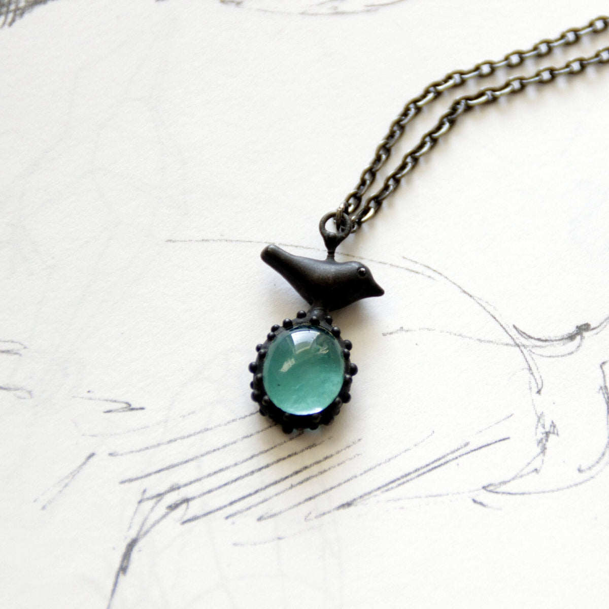 Teal Blue Glass Bird Necklace – Blackened Copper