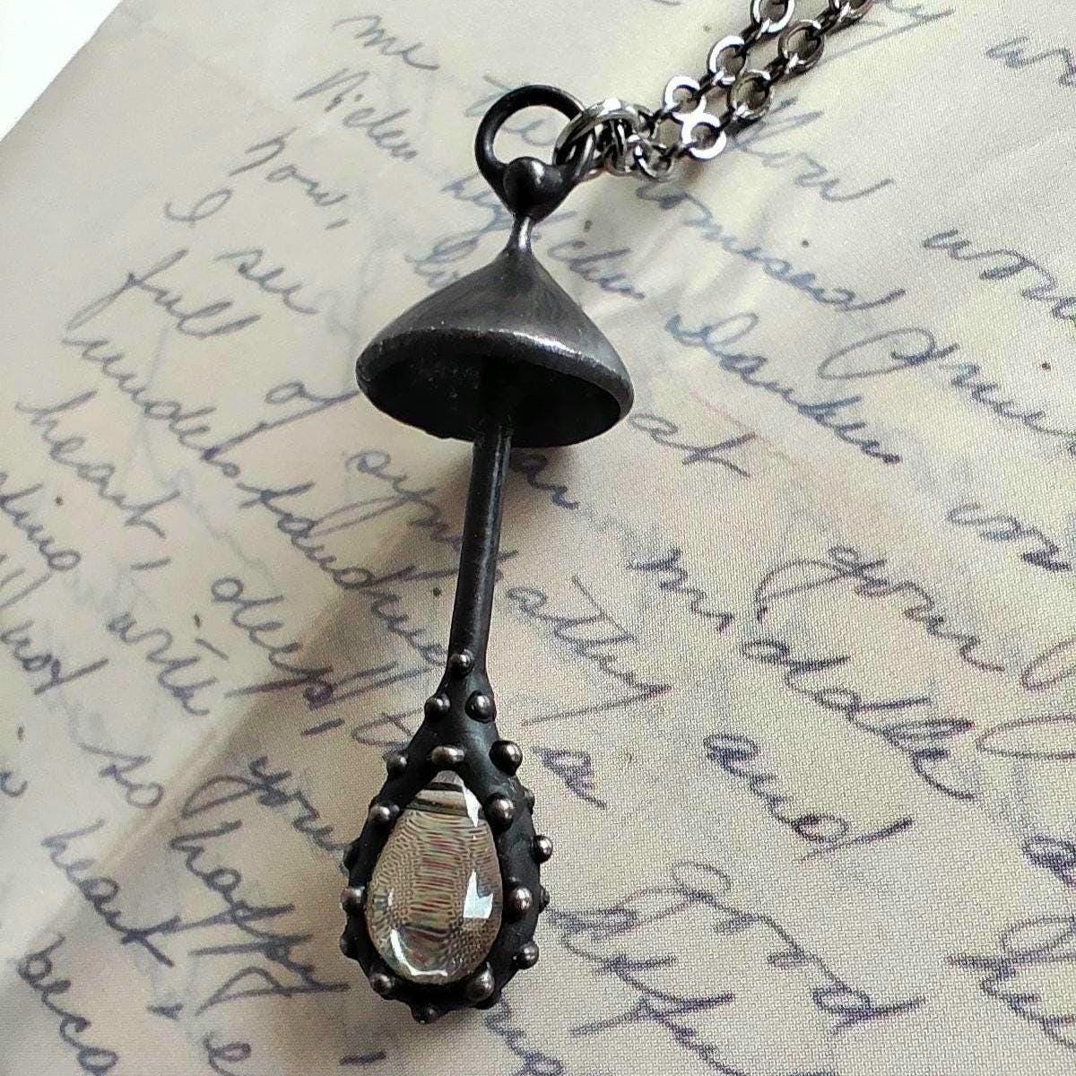 Clear Glass Mushroom Necklace – Blackened Copper & Pewter Forest