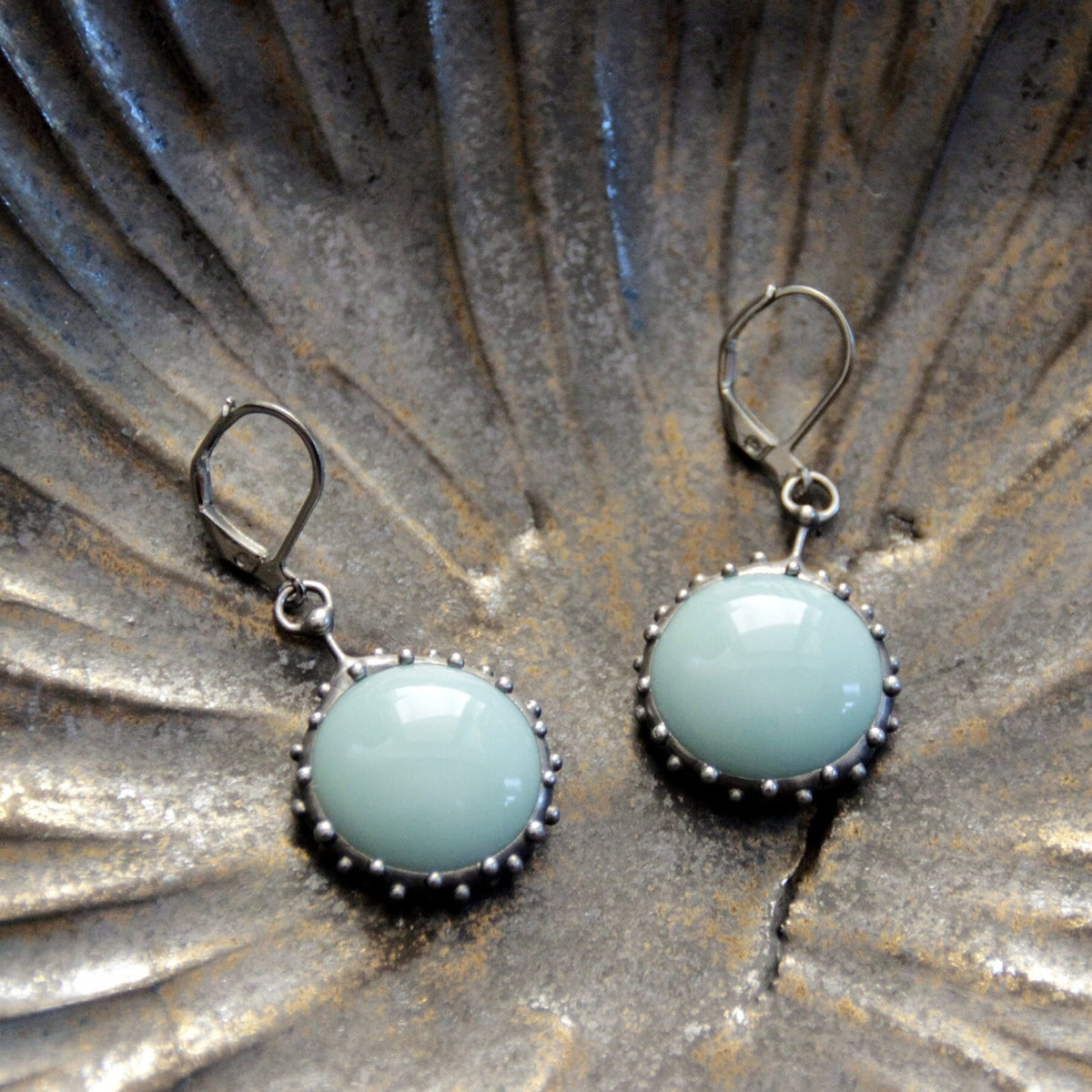 Turquoise Stained Glass Drop Earrings – Silver Tone