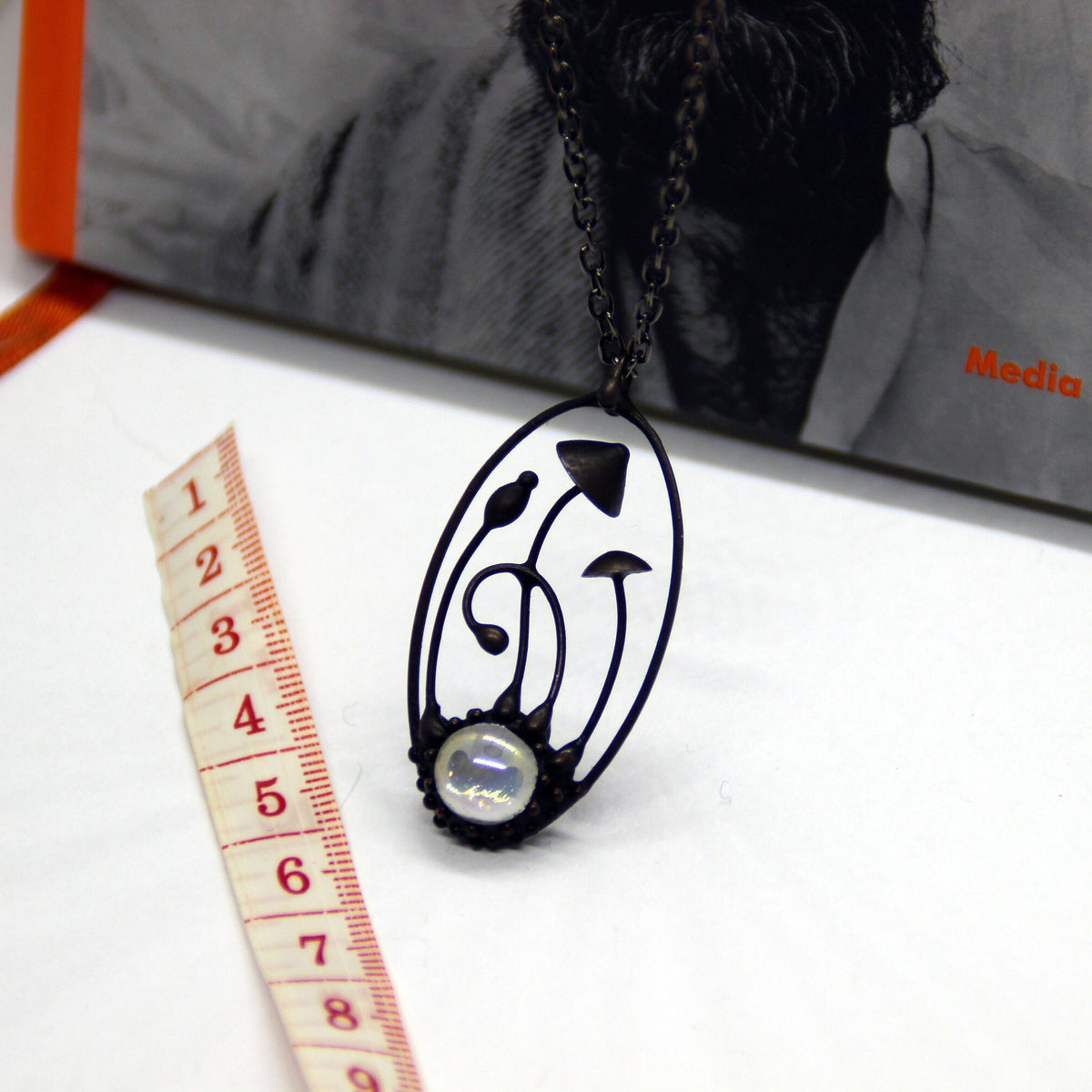Clear Glass Mushroom Necklace – Blackened Copper & Pewter Oval Forest Pendant – Psychedelic
