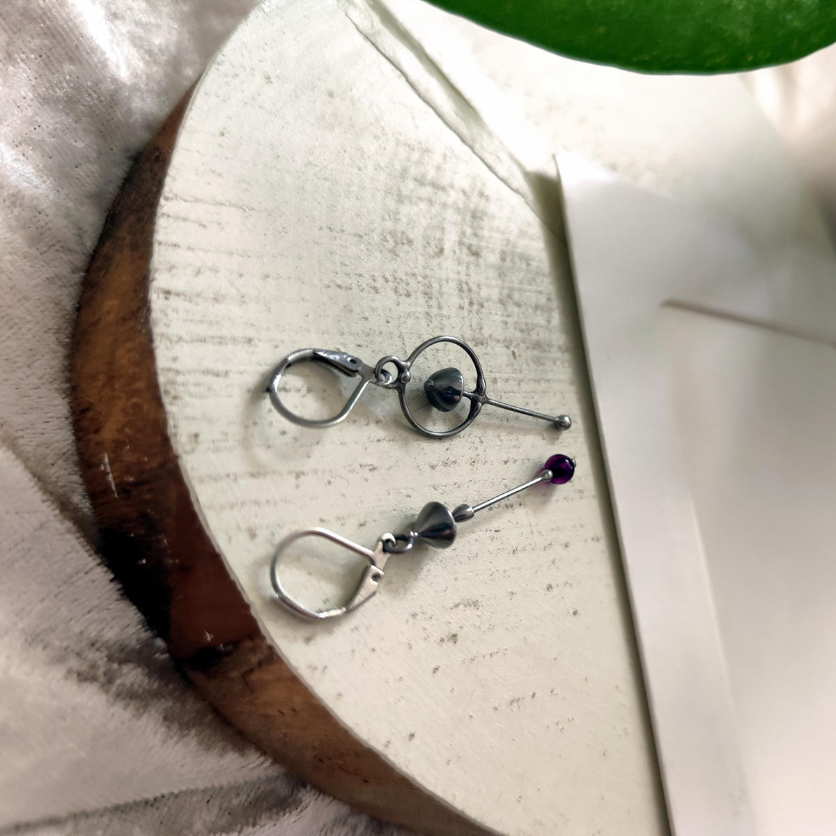 Purple Agate Mushroom Asymmetrical Earrings – Silver Tone