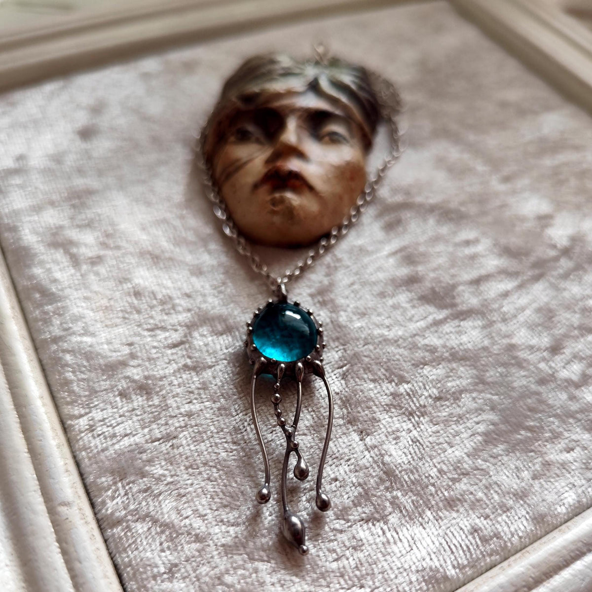 Blue Stained Glass Jellyfish Necklace – Silver Tone