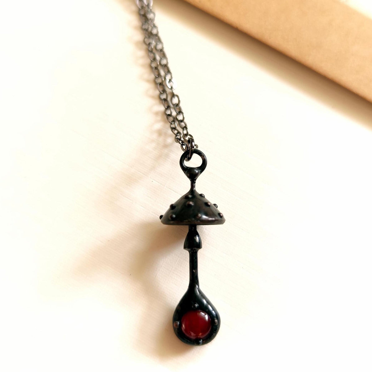Red Glass Amanita Mushroom Necklace – Blackened Copper & Pewter Forest