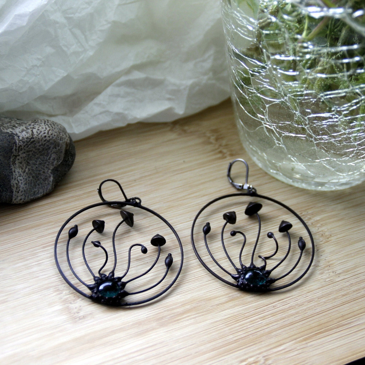Green Glass Mushroom Trio Hoop Earrings – Blackened Copper