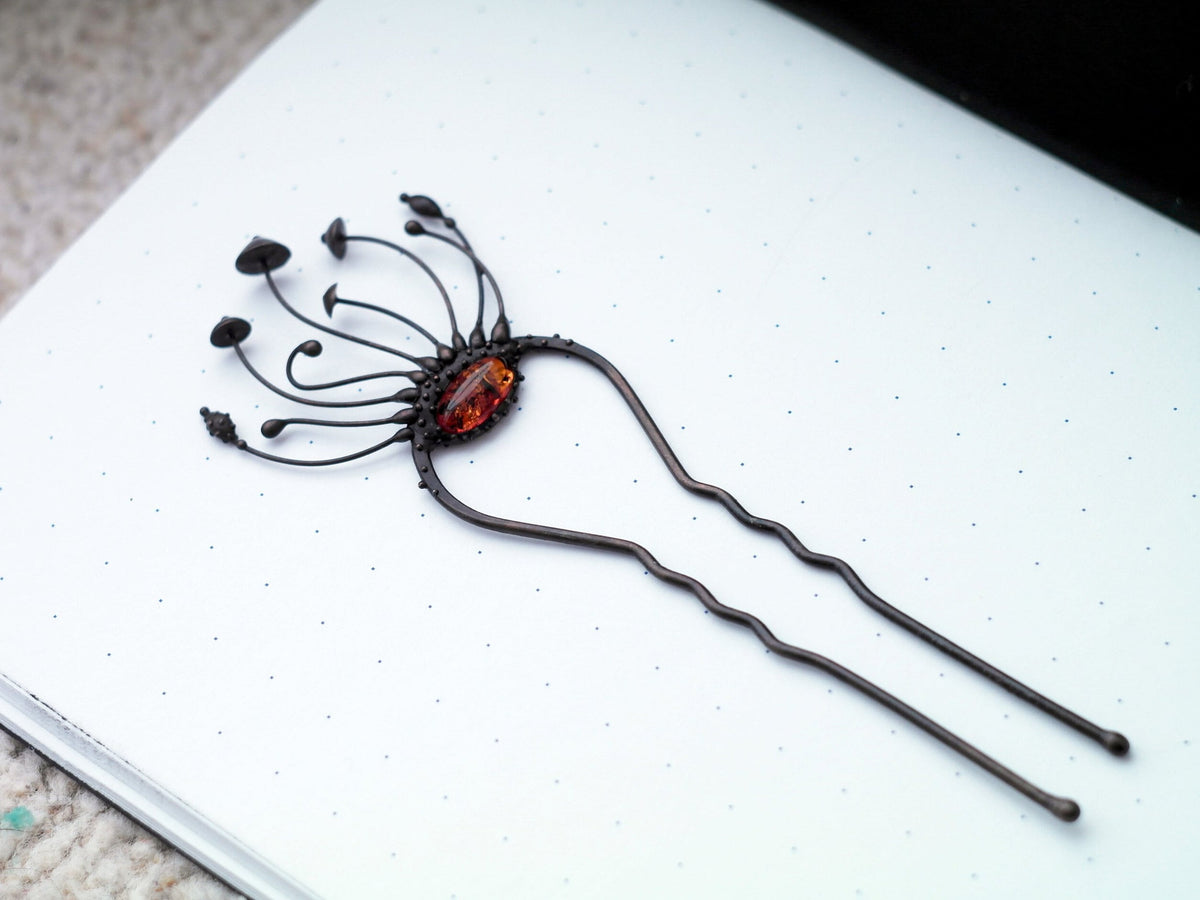 Amber Mushroom Hair Pin – Blackened Copper