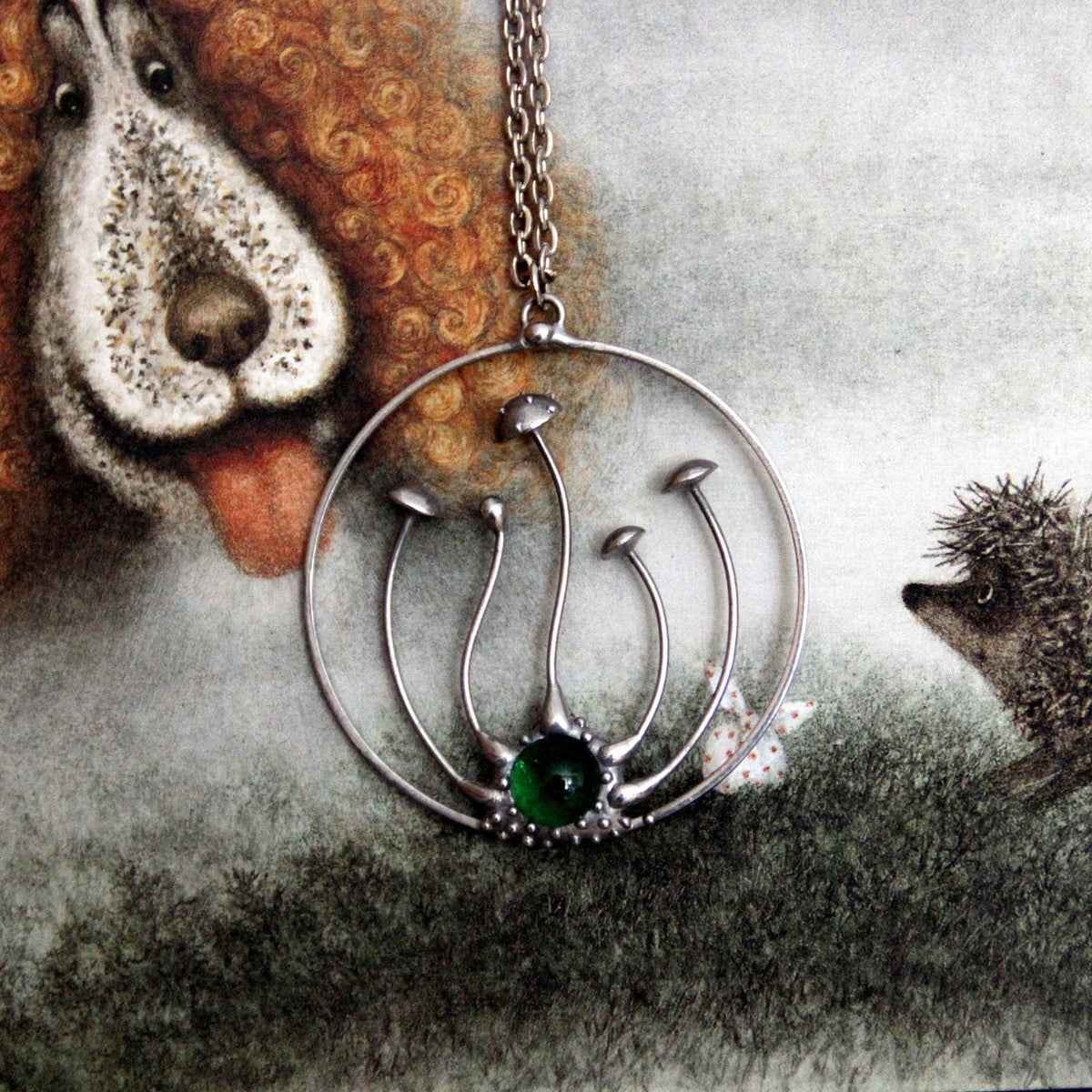 Green Glass Amanita Mushroom Necklace – Silver Tone