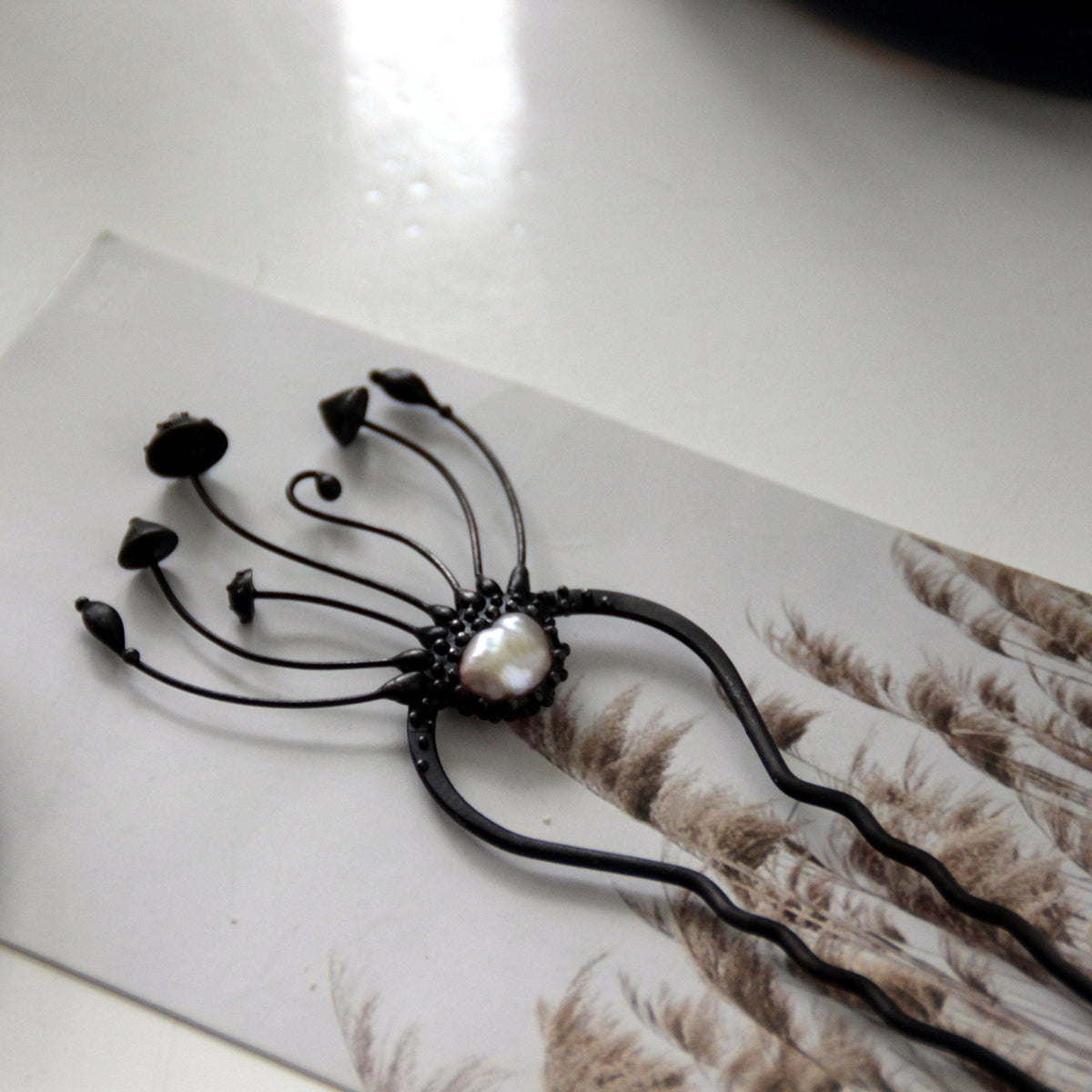 Pearl Amanita Mushroom Hair Pin – Blackened Copper