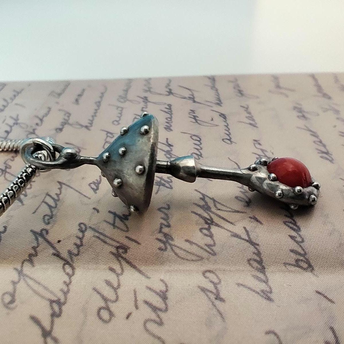 Red Glass Amanita Mushroom Pendant – Silver Tone