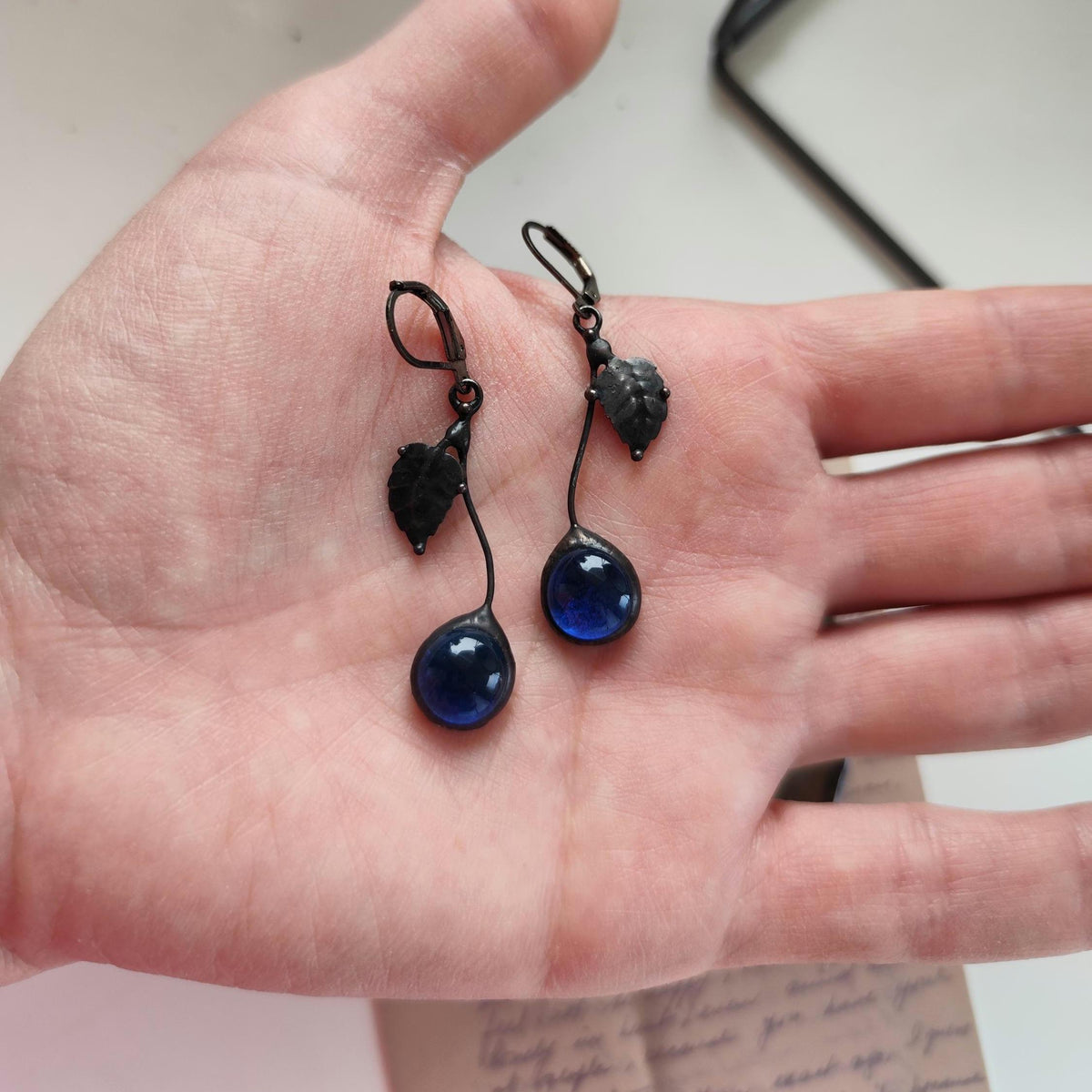 Blue Glass Cherry Earrings – Blackened Copper