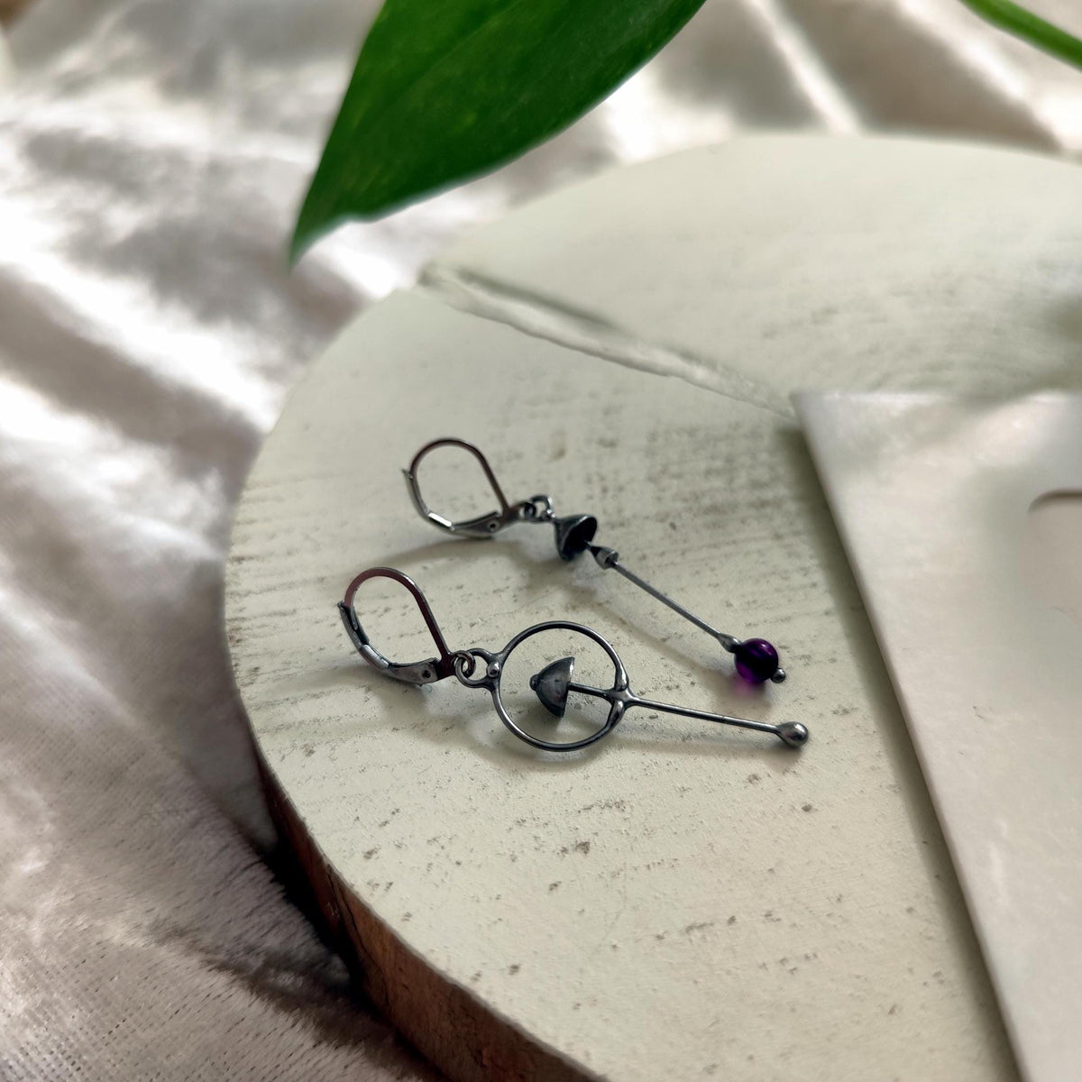 Purple Agate Mushroom Asymmetrical Earrings – Silver Tone
