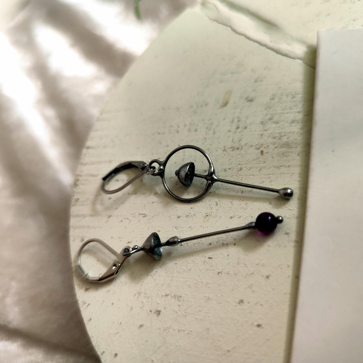 Purple Agate Mushroom Asymmetrical Earrings – Silver Tone