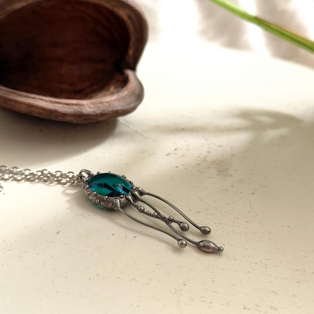 Blue Stained Glass Jellyfish Necklace – Silver Tone