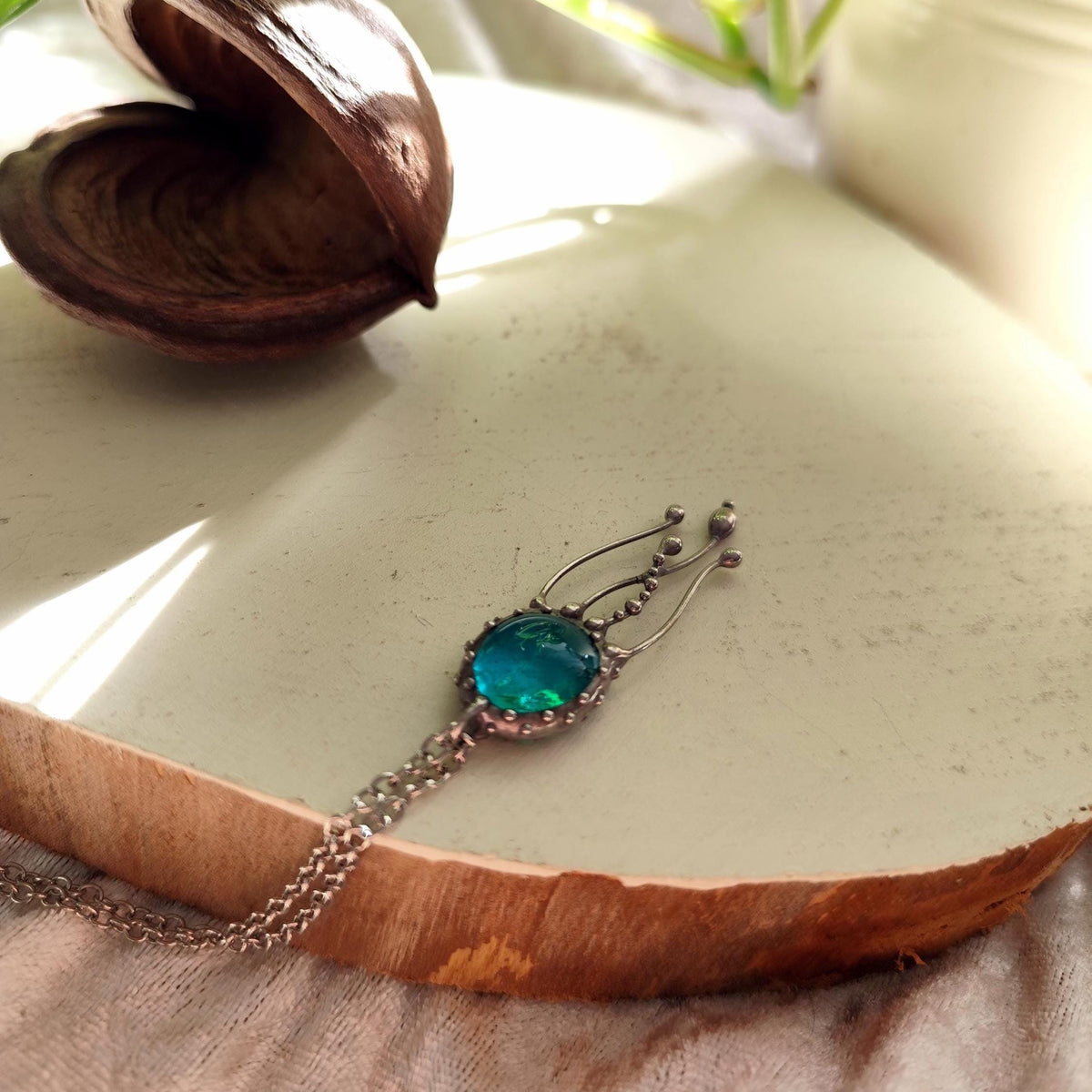 Blue Stained Glass Jellyfish Necklace – Silver Tone