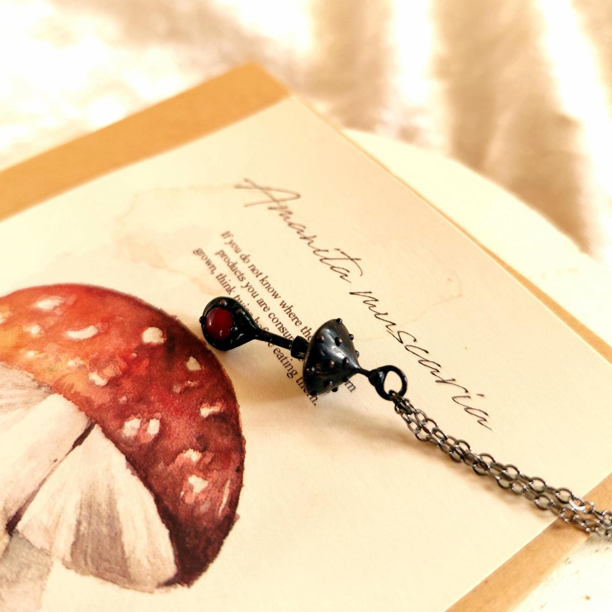 Red Glass Amanita Mushroom Necklace – Blackened Copper & Pewter Forest