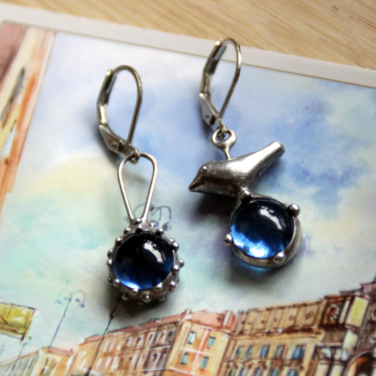 Blue Glass Bird Mismatched Earrings – Silver Tone
