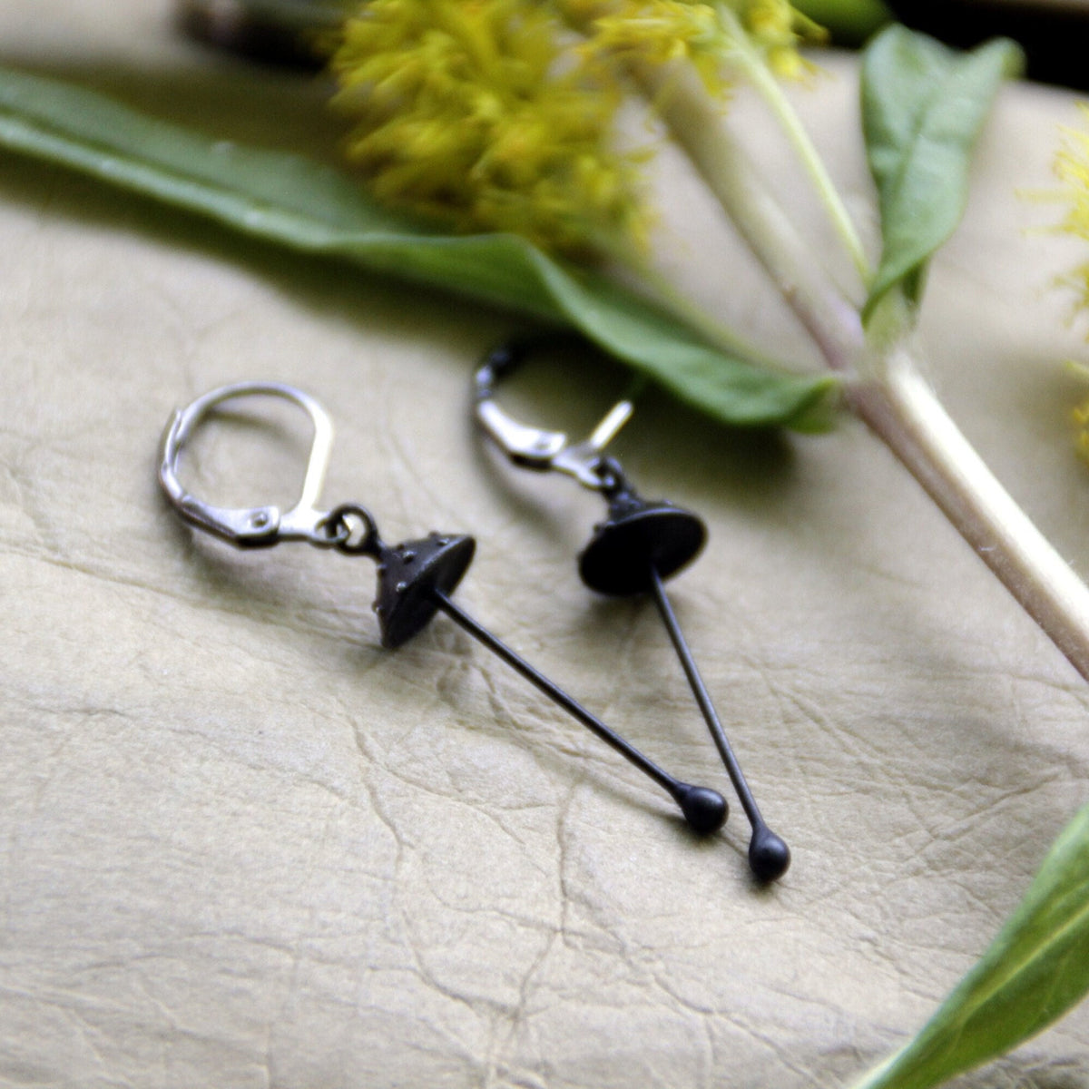 Black Amanita Mushroom Earrings – Copper & Pewter Long Stem Dangles – Forest Witch