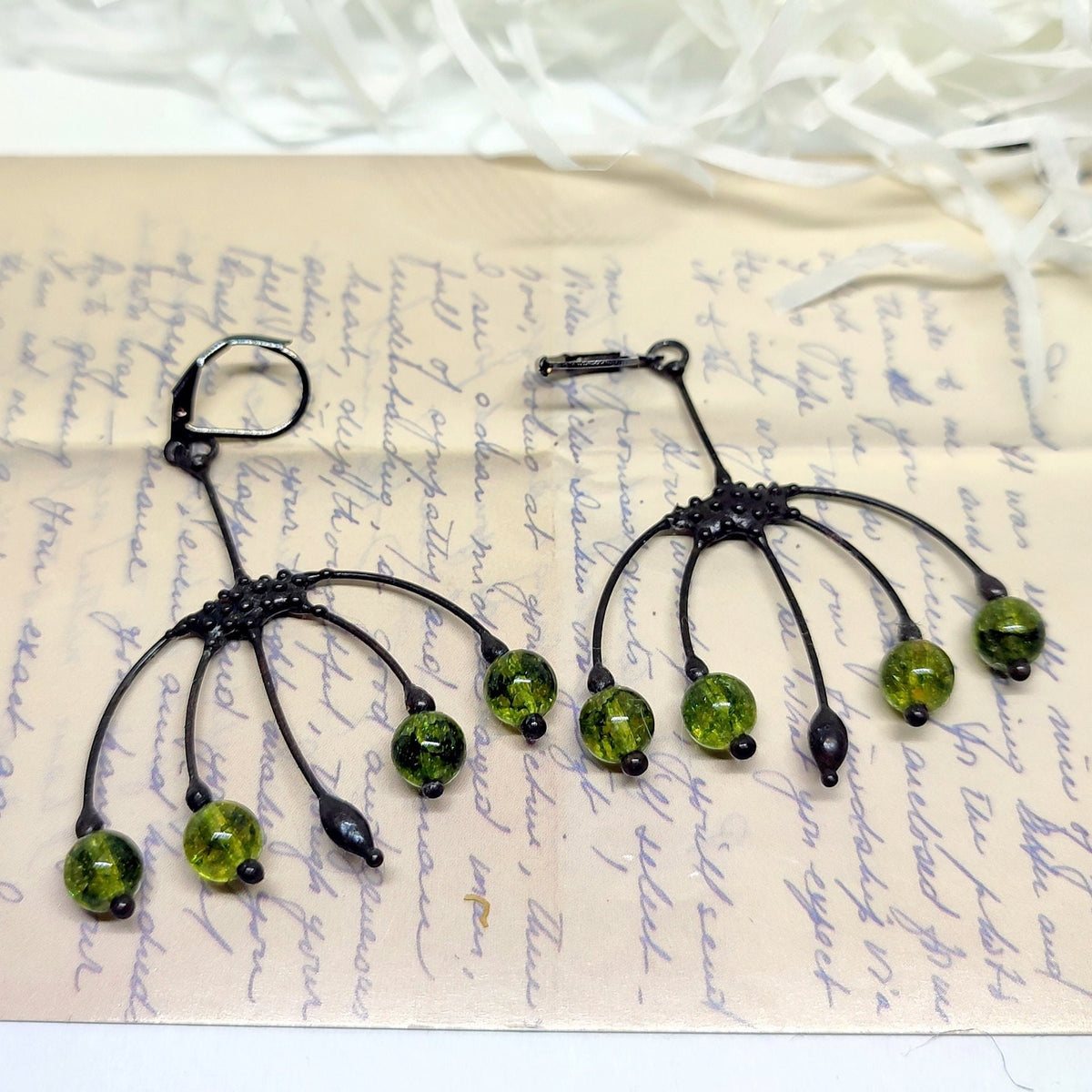 Green Glass Berry Earrings – Blackened Copper