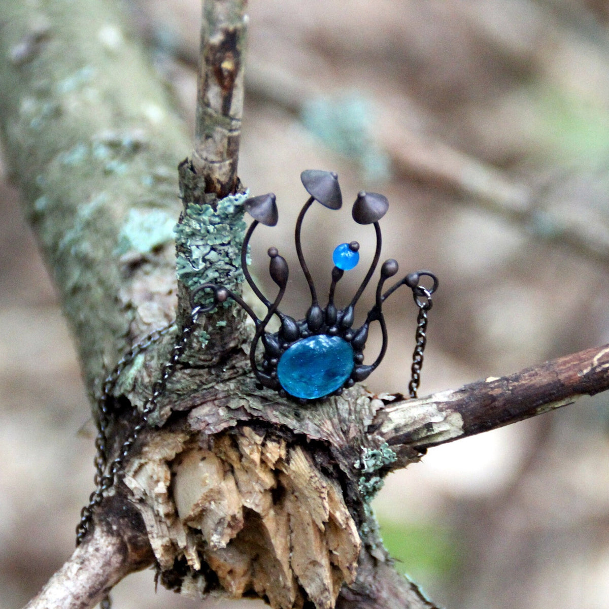 Blue Glass Mushroom Necklace – Blackened Copper & Pewter Forest Pendant – Woodland
