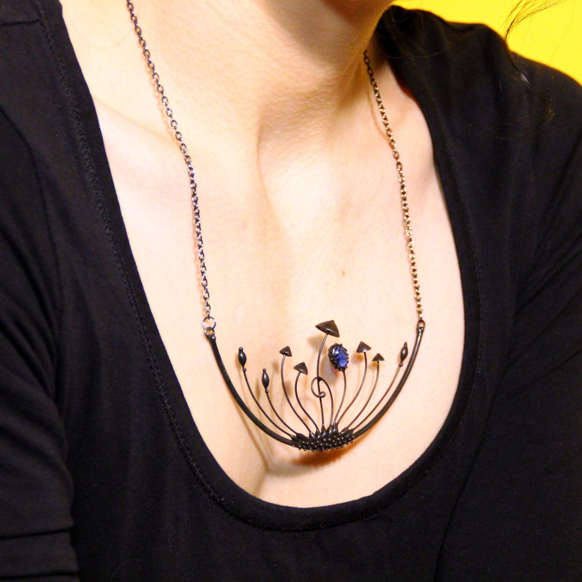 Blue Stained Glass Mushroom Statement Necklace – Blackened Copper