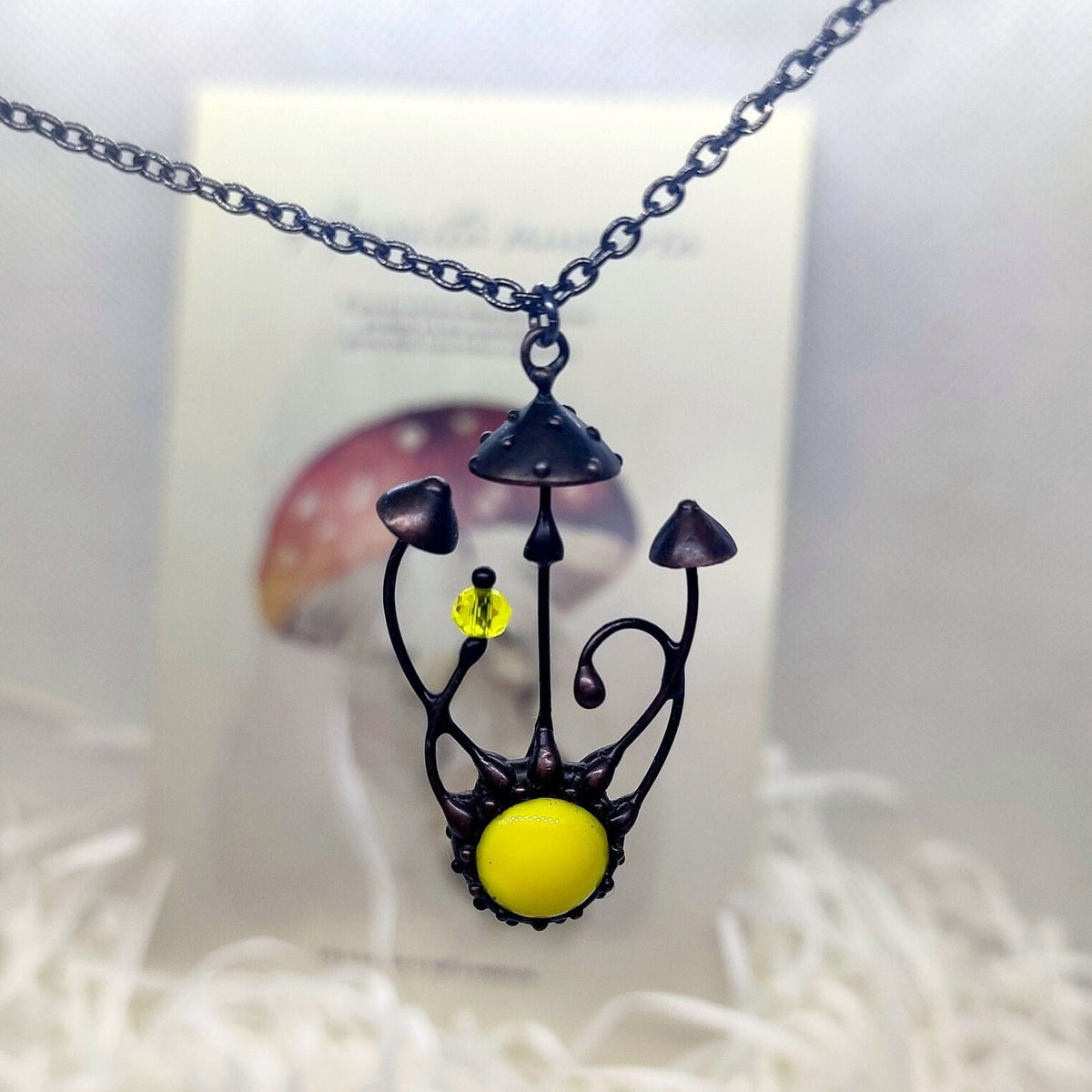 Yellow Glass Amanita Mushroom Necklace – Blackened Copper