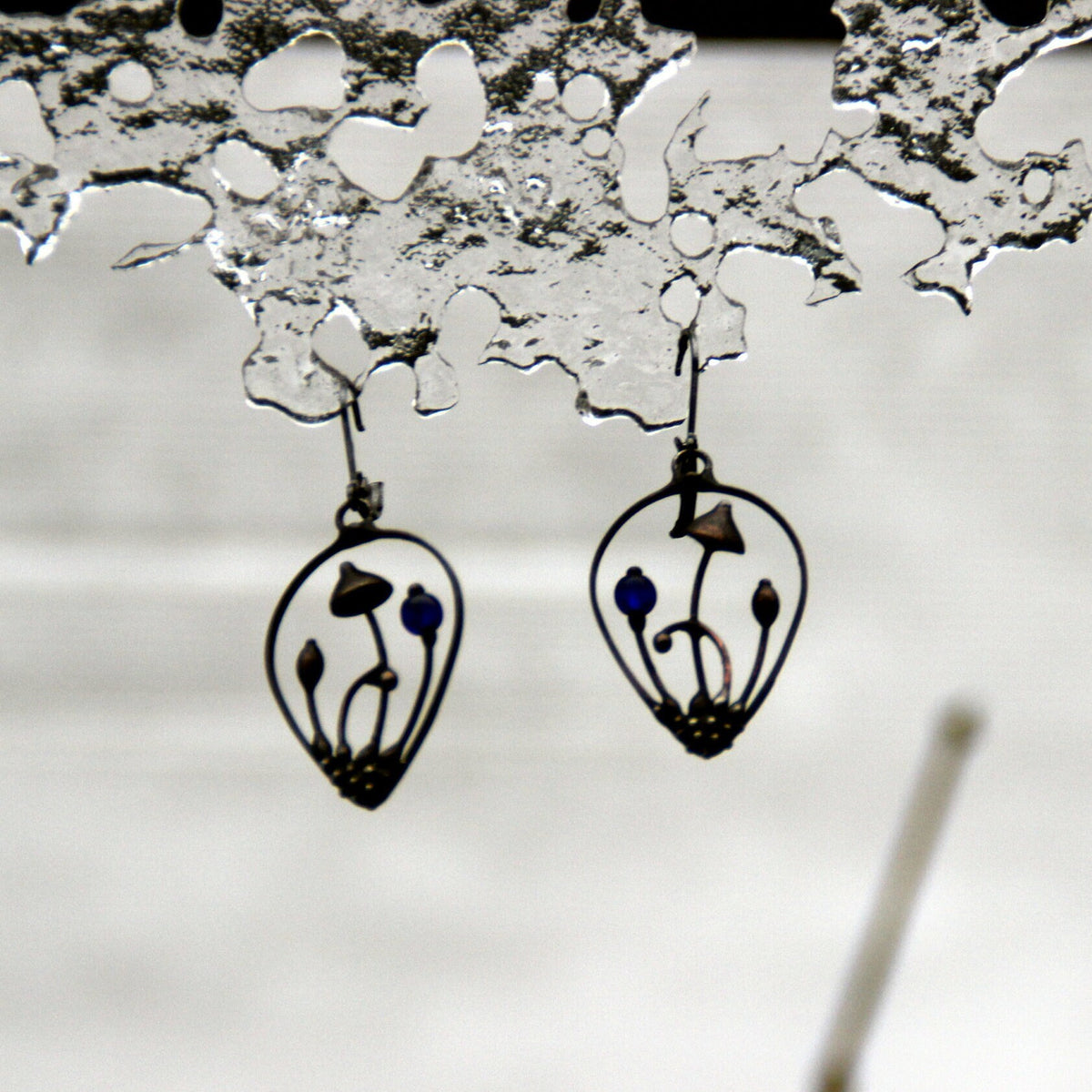 Blue Glass Mushroom Drop Earrings – Blackened Copper
