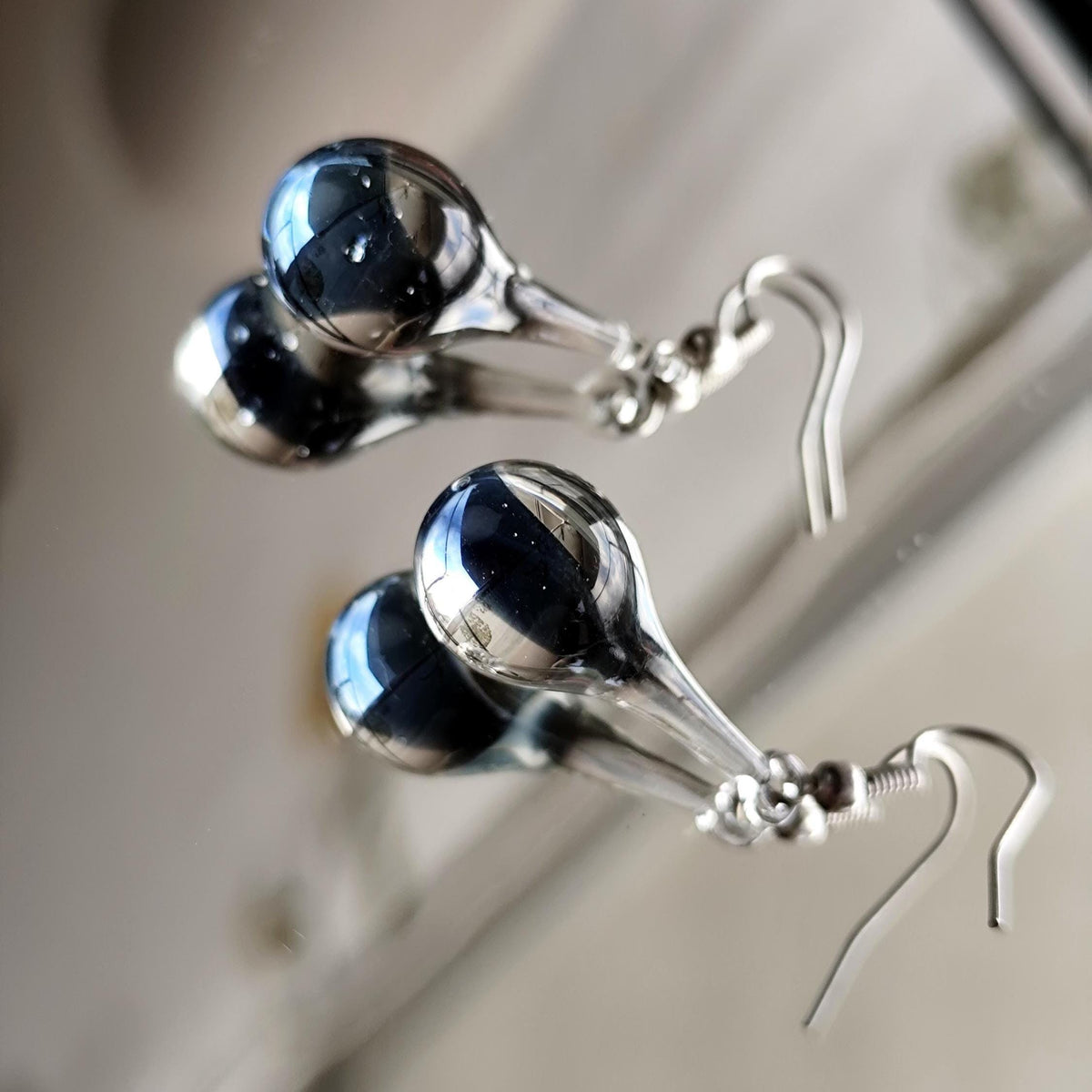 Handblown Blue and Clear Glass Teardrop Earrings