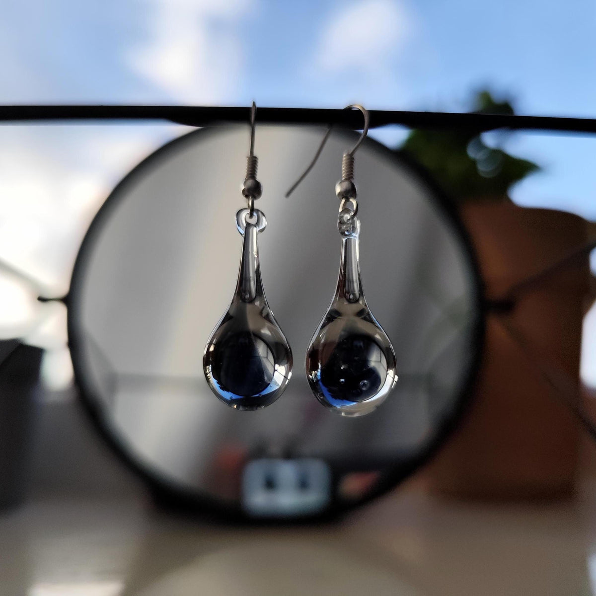 Handblown Blue and Clear Glass Teardrop Earrings
