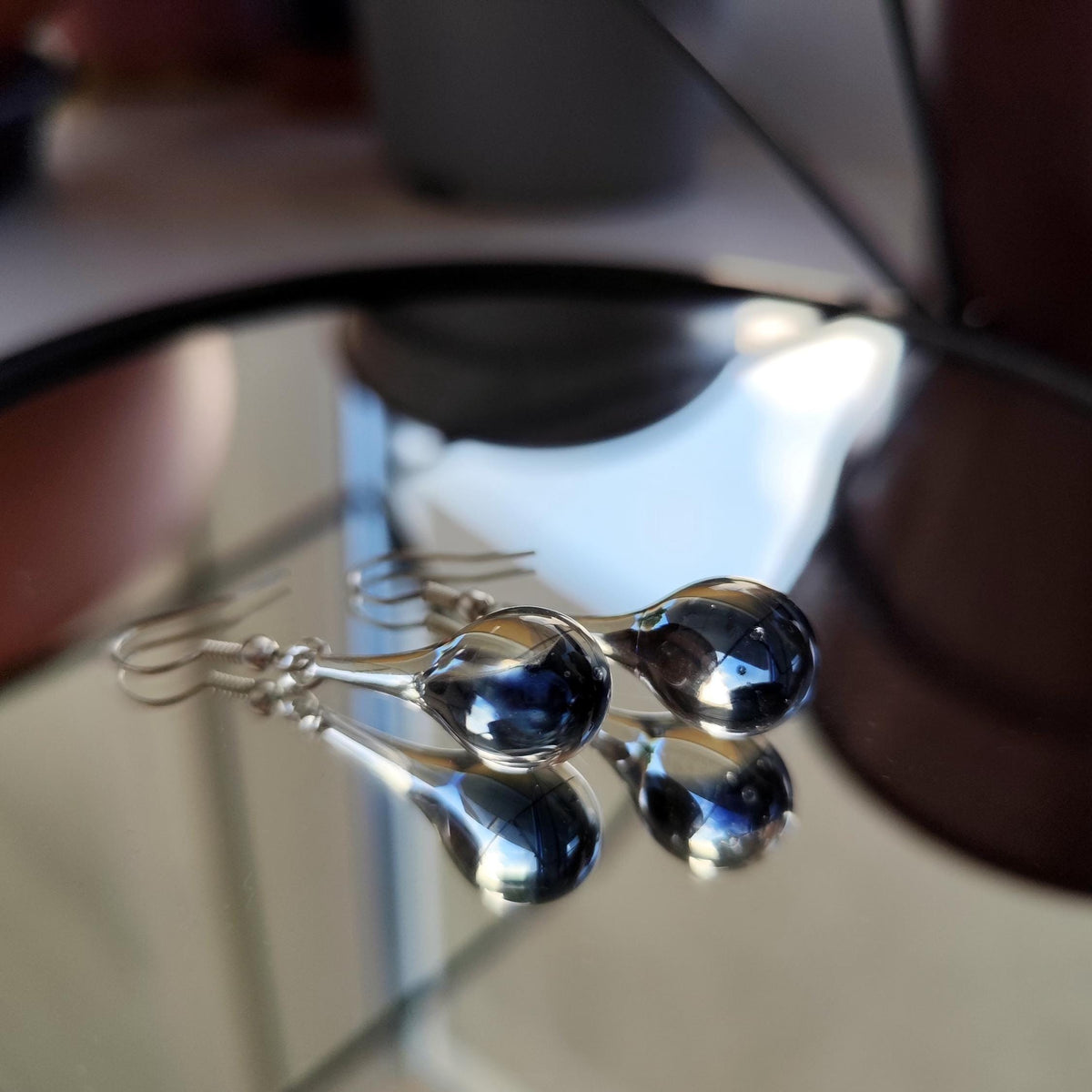 Handblown Blue and Clear Glass Teardrop Earrings