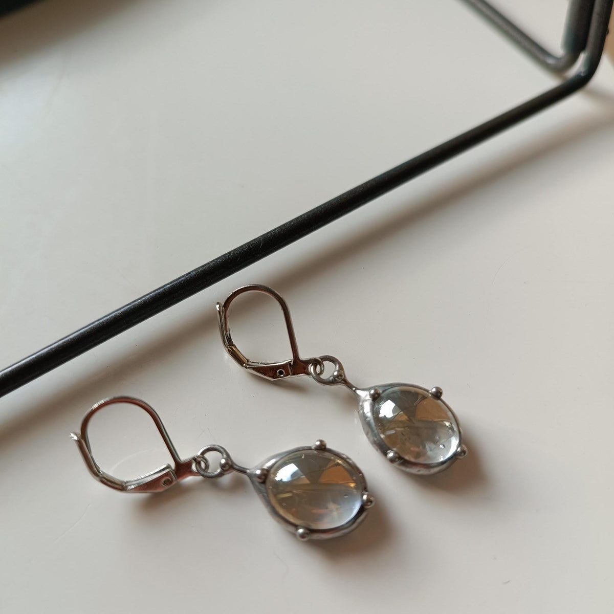 Clear Stained Glass Drop Earrings – Silver Tone