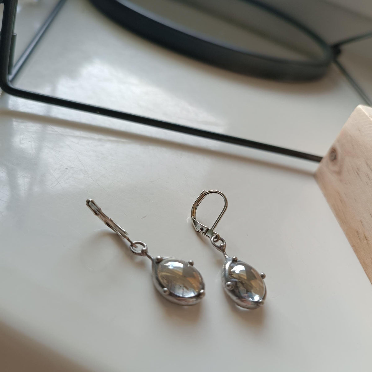Clear Stained Glass Drop Earrings – Silver Tone