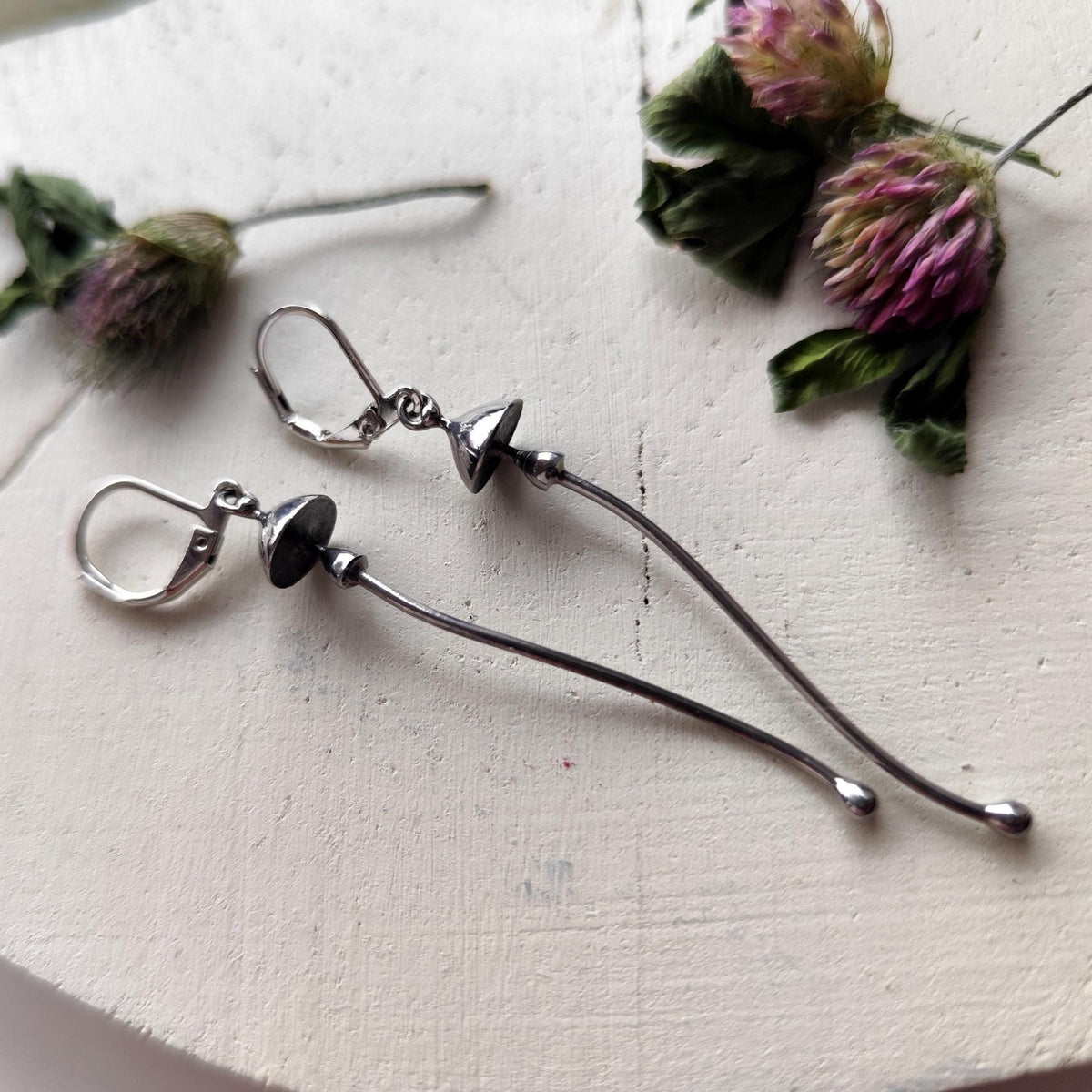 Silver Tone Mushroom Dangle Earrings – Copper & Pewter Mycology