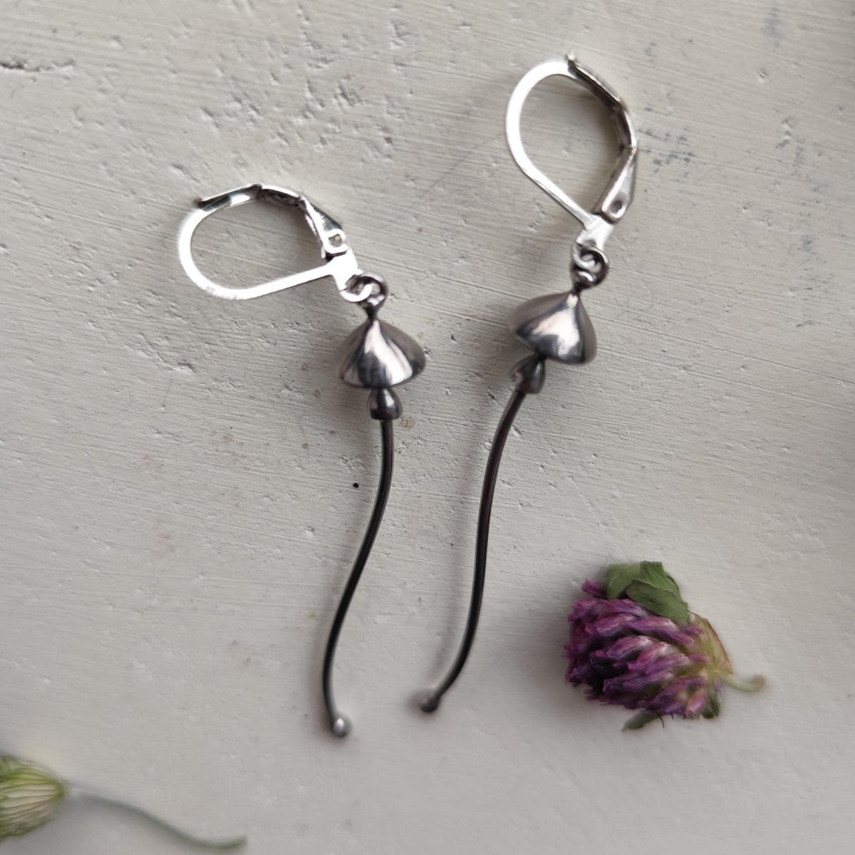 Silver Tone Mushroom Dangle Earrings – Copper & Pewter Mycology