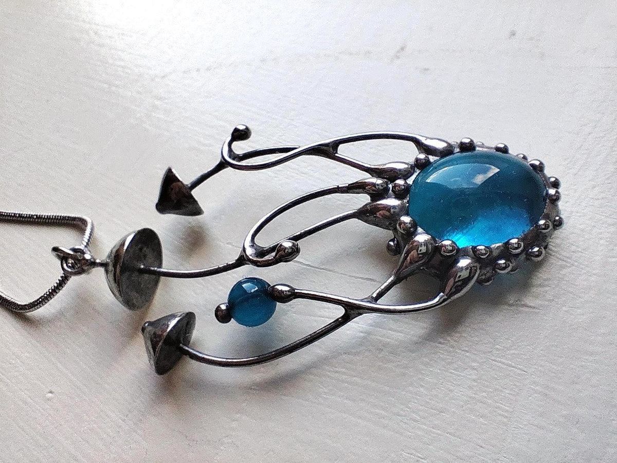 Blue Kiln-Fused Glass Mushroom Necklace – Silver Tone