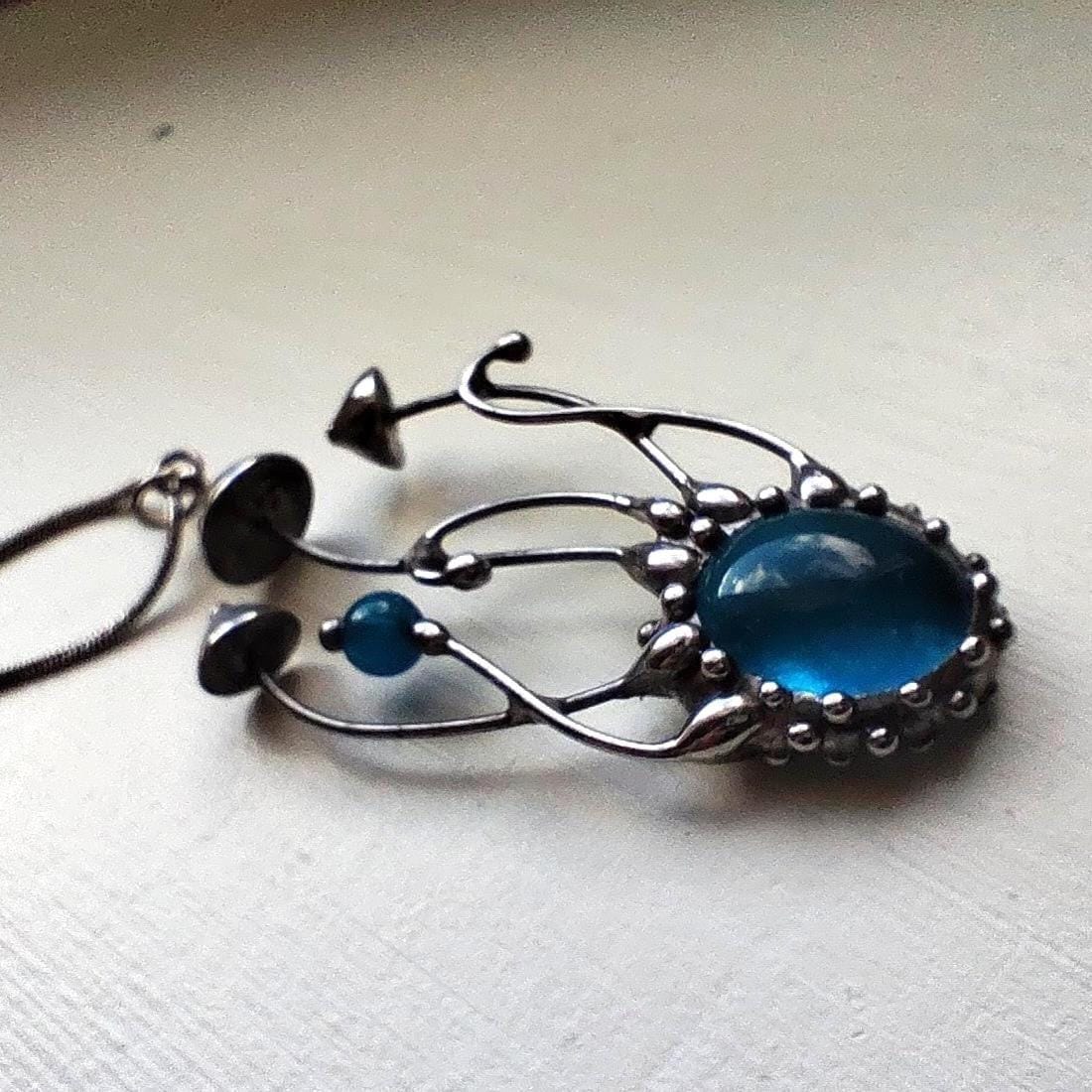Blue Kiln-Fused Glass Mushroom Necklace – Silver Tone