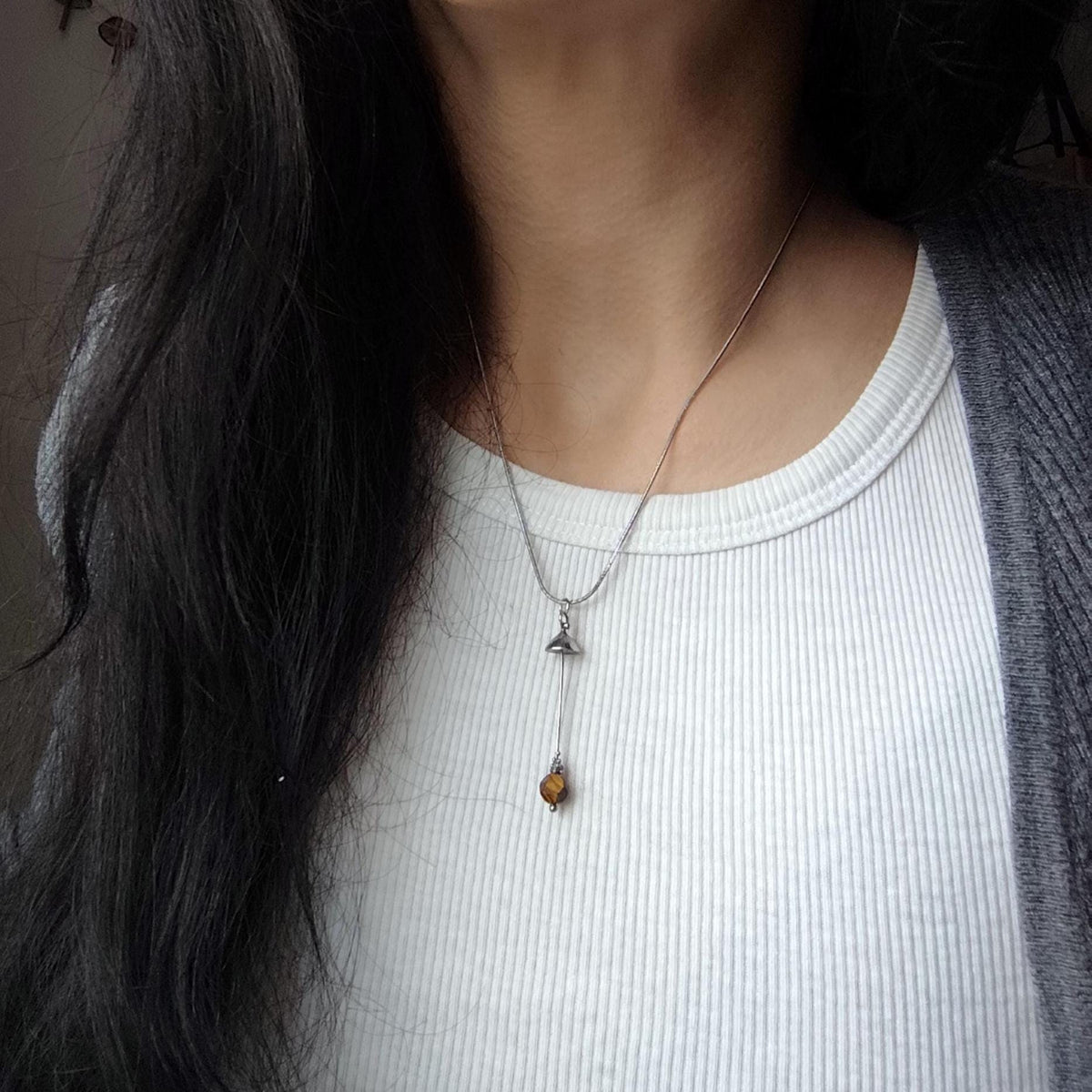 Tiger’s Eye Mushroom Pendant Necklace – Silver Tone
