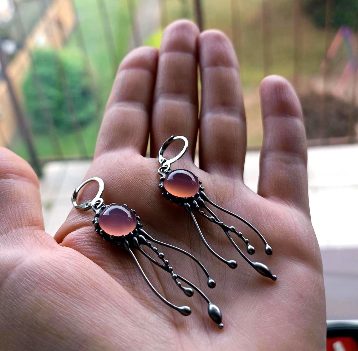 Rose Agate Jellyfish Earrings – Silver Tone