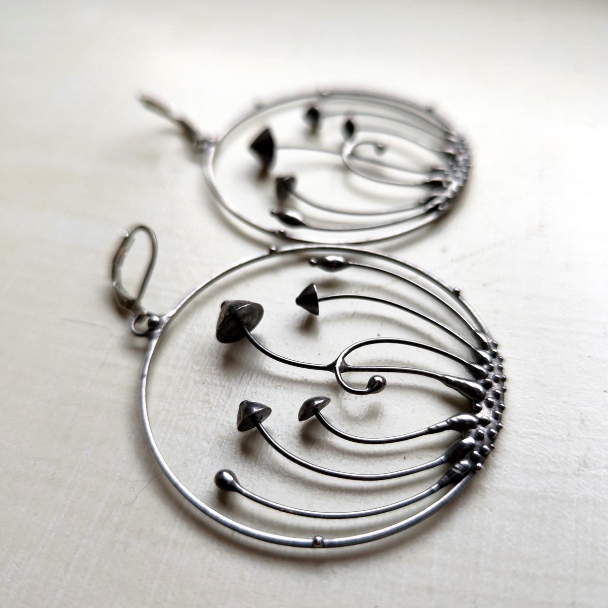 Silver Tone Mushroom Hoop Earrings