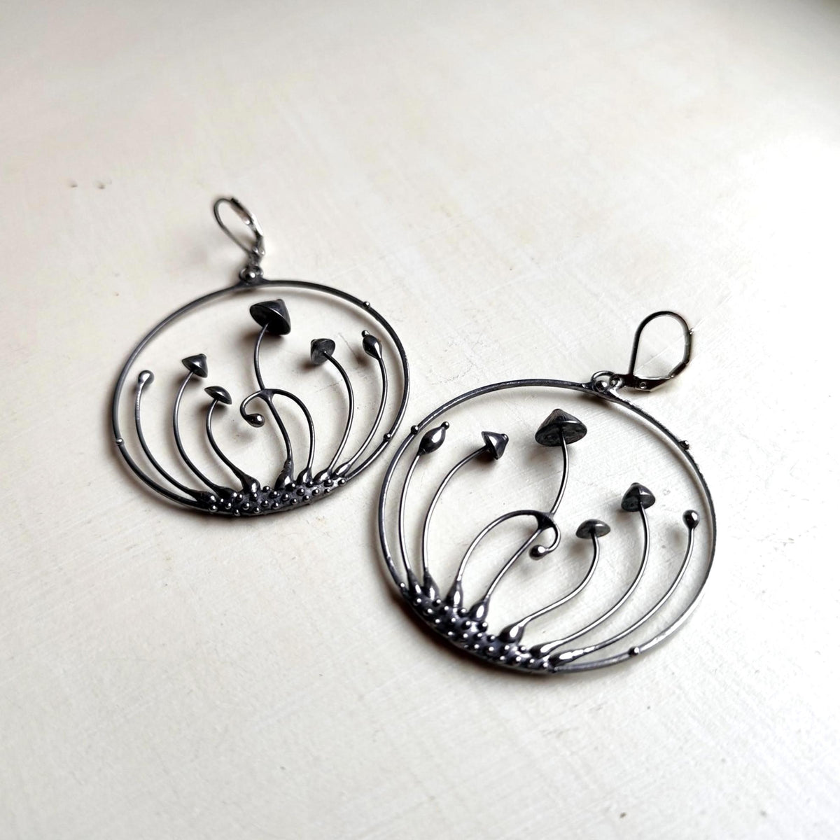 Silver Tone Mushroom Hoop Earrings