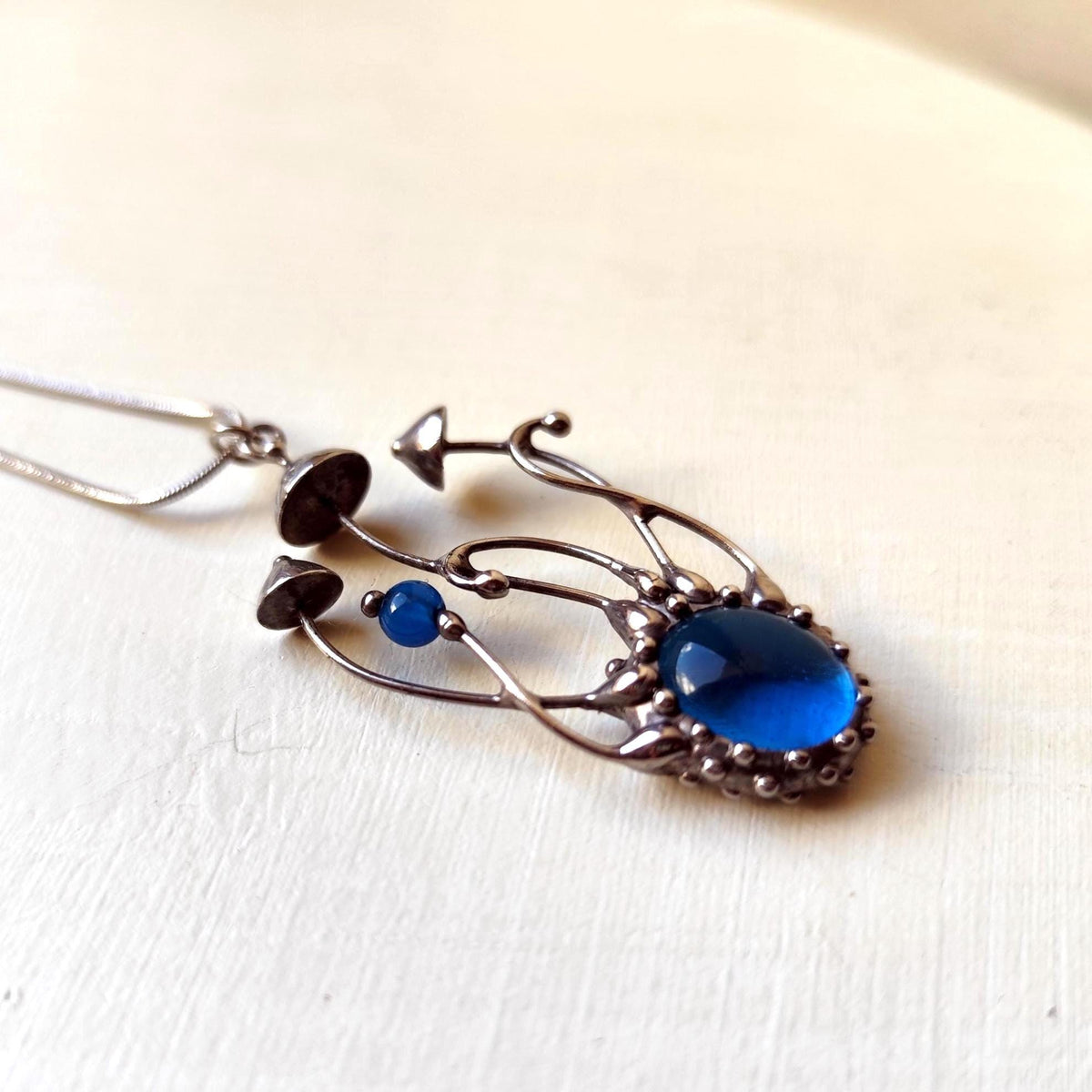 Blue Kiln-Fused Glass Mushroom Necklace – Silver Tone