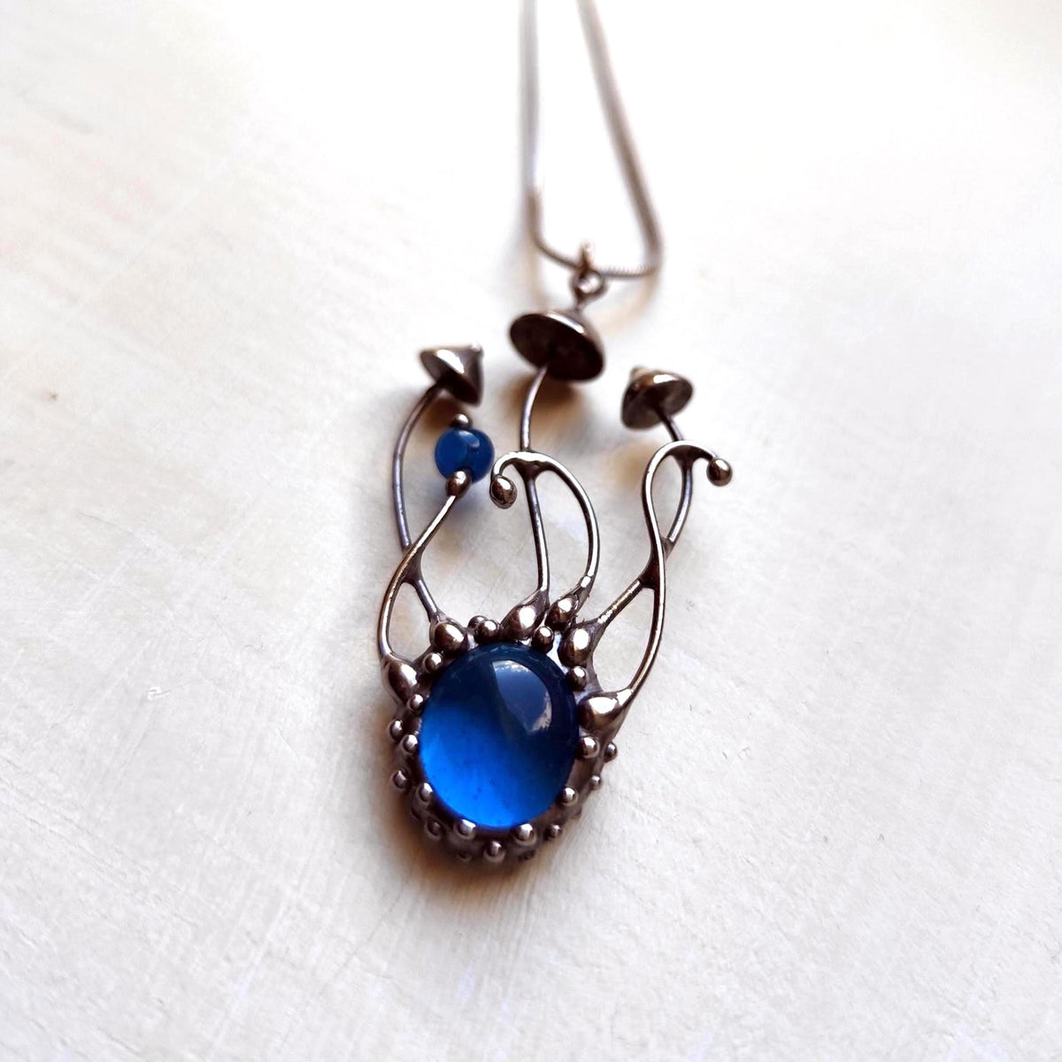 Blue Kiln-Fused Glass Mushroom Necklace – Silver Tone